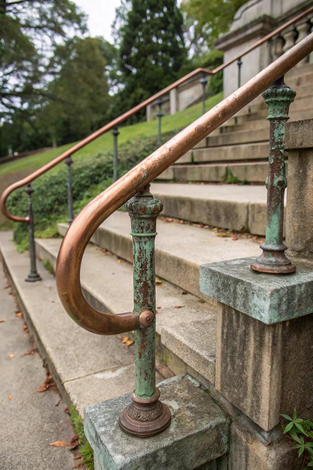 Copper handrails develop a unique patina, adding elegance and warmth.