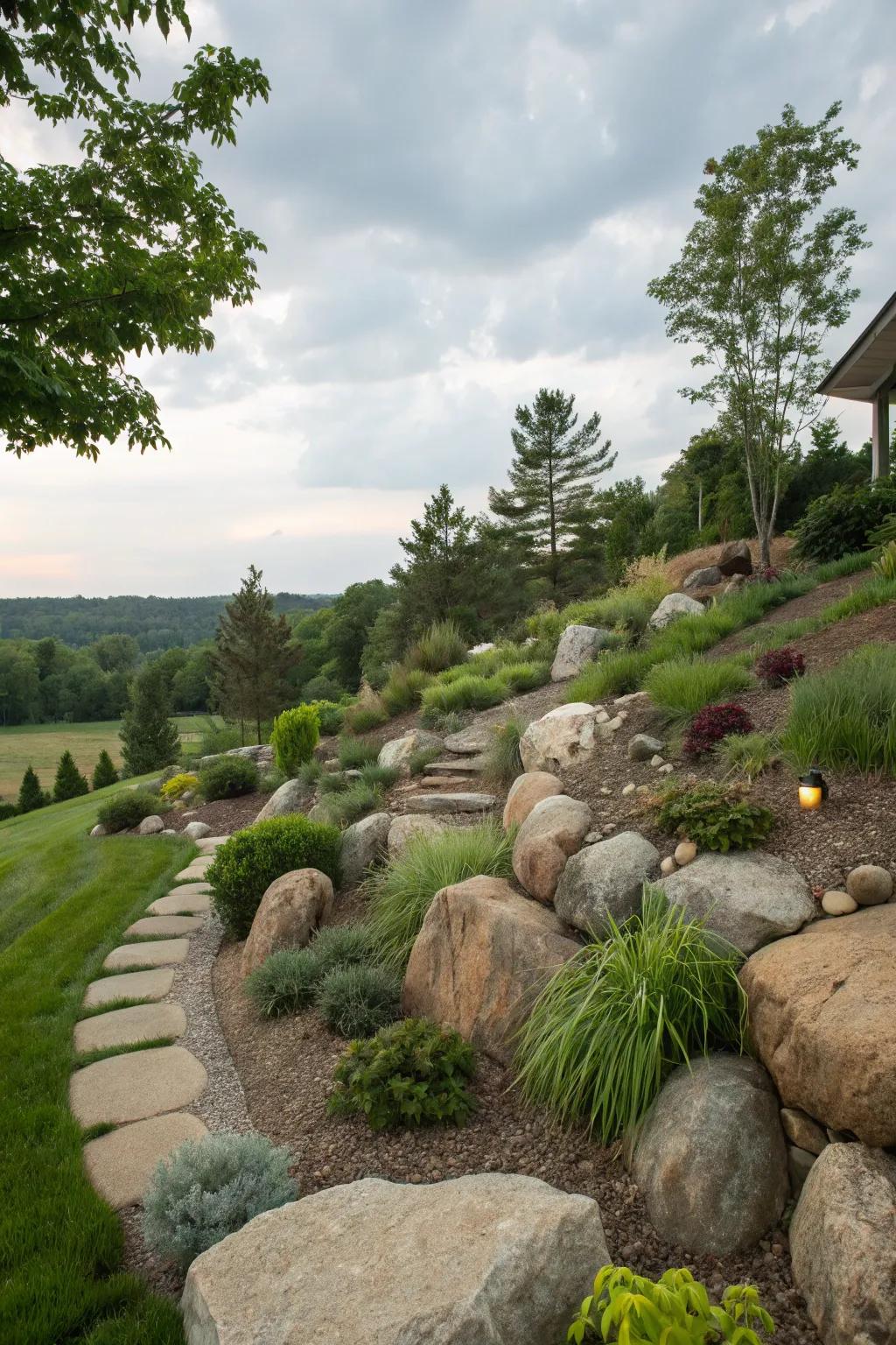 Decorative rocks enhance texture and interest.