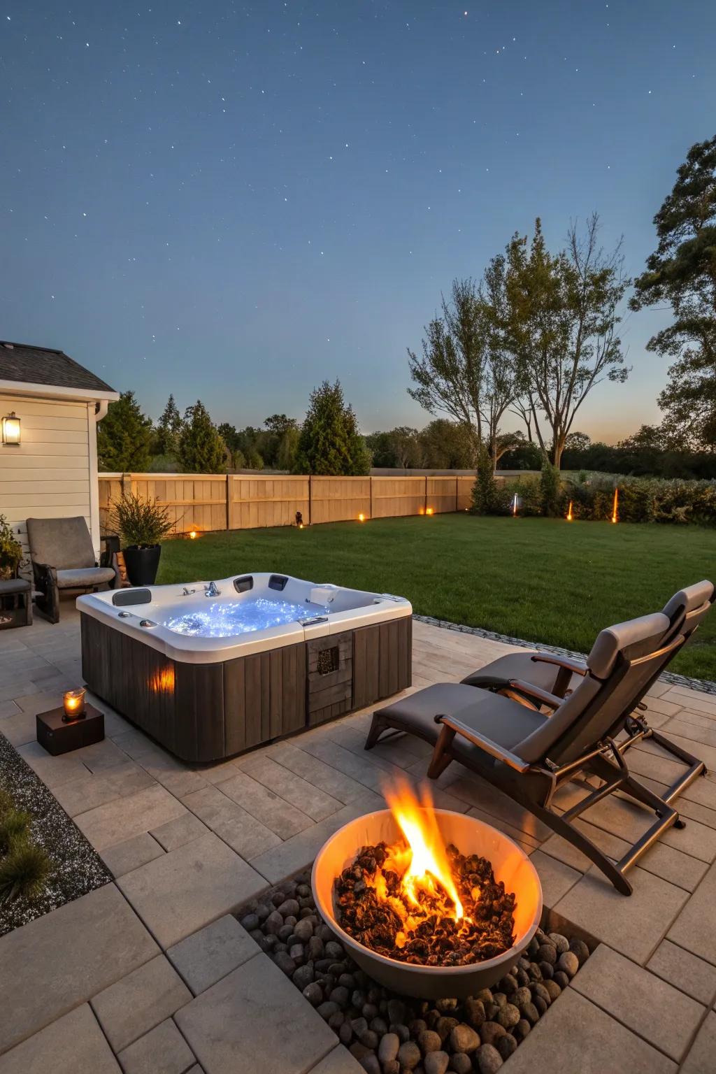 A backyard spa with a close-by fire pit, uniting fire and water features.
