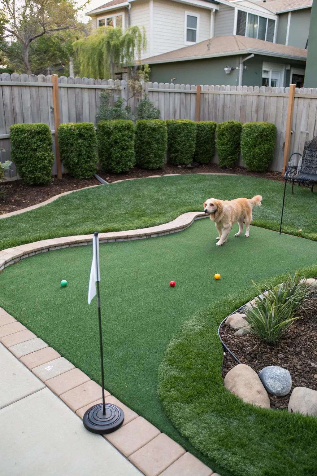A pet-friendly putting green fashioned to endure playful pets.