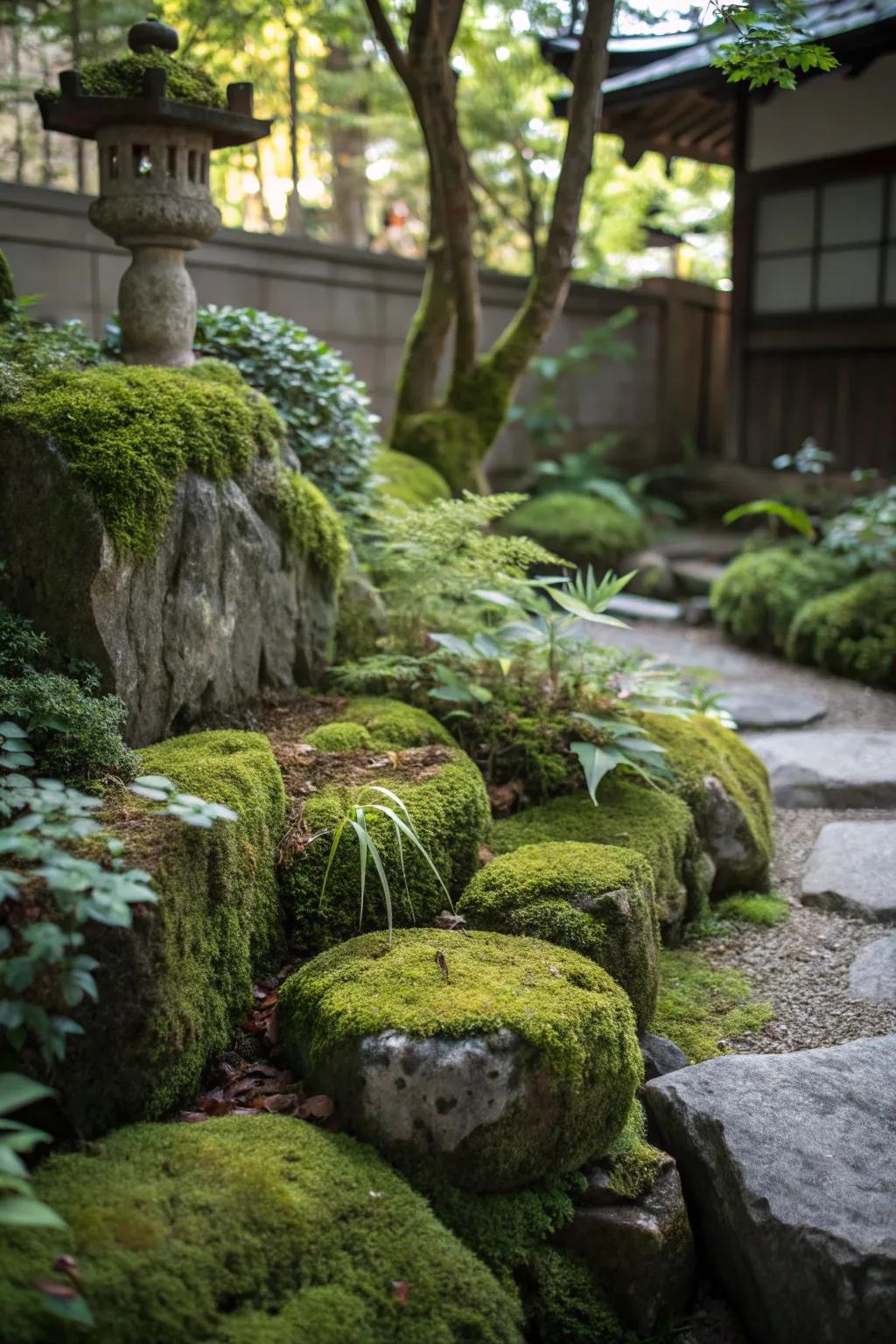 Moss-covered rocks add a magical touch to this garden.