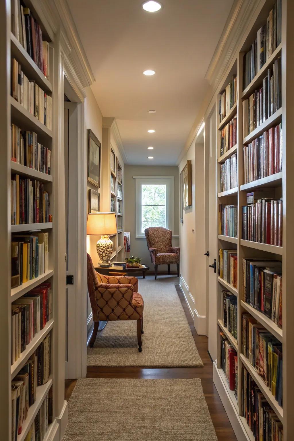 Hallways can be creatively transformed into charming libraries.
