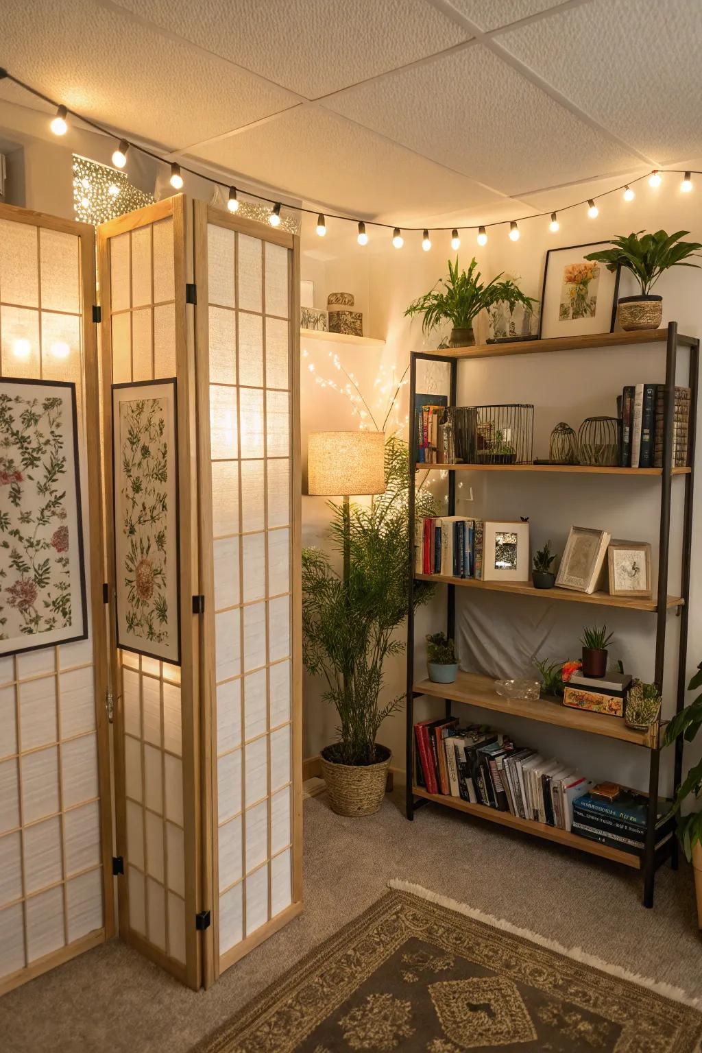 Artistic dividers create zones while maintaining openness.