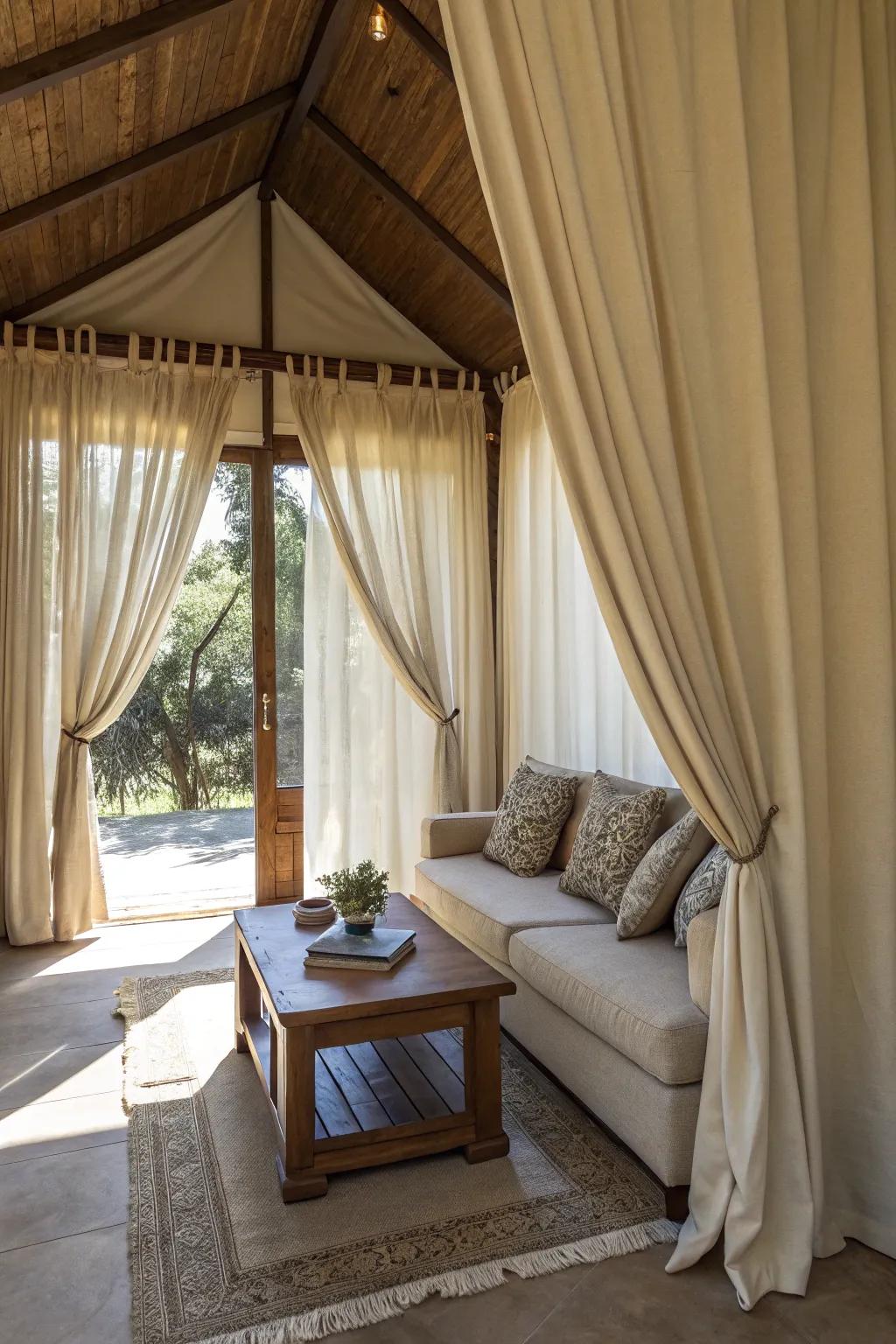 High drapes create an illusion of height in a den.