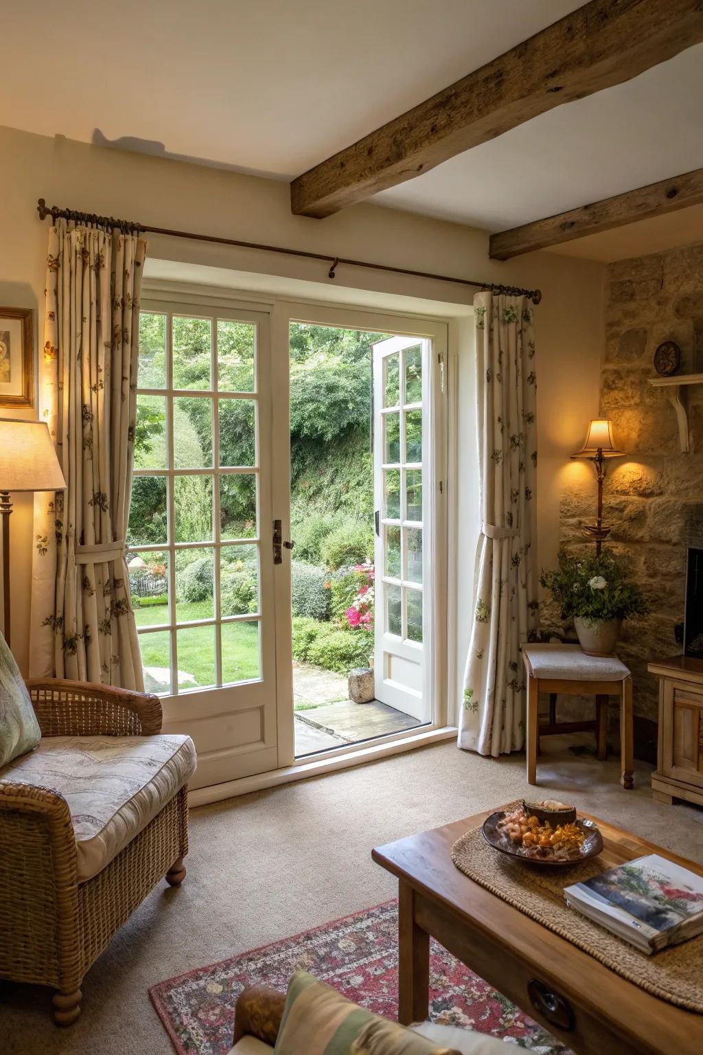 French doors enhance the airy feel of this cottage living room.