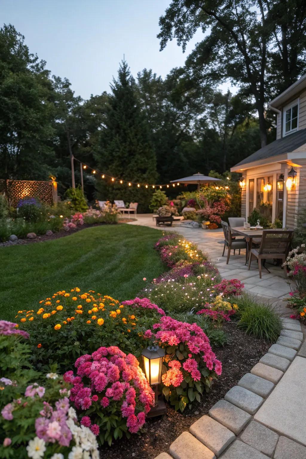 Experience evening enchantment with garden illumination.
