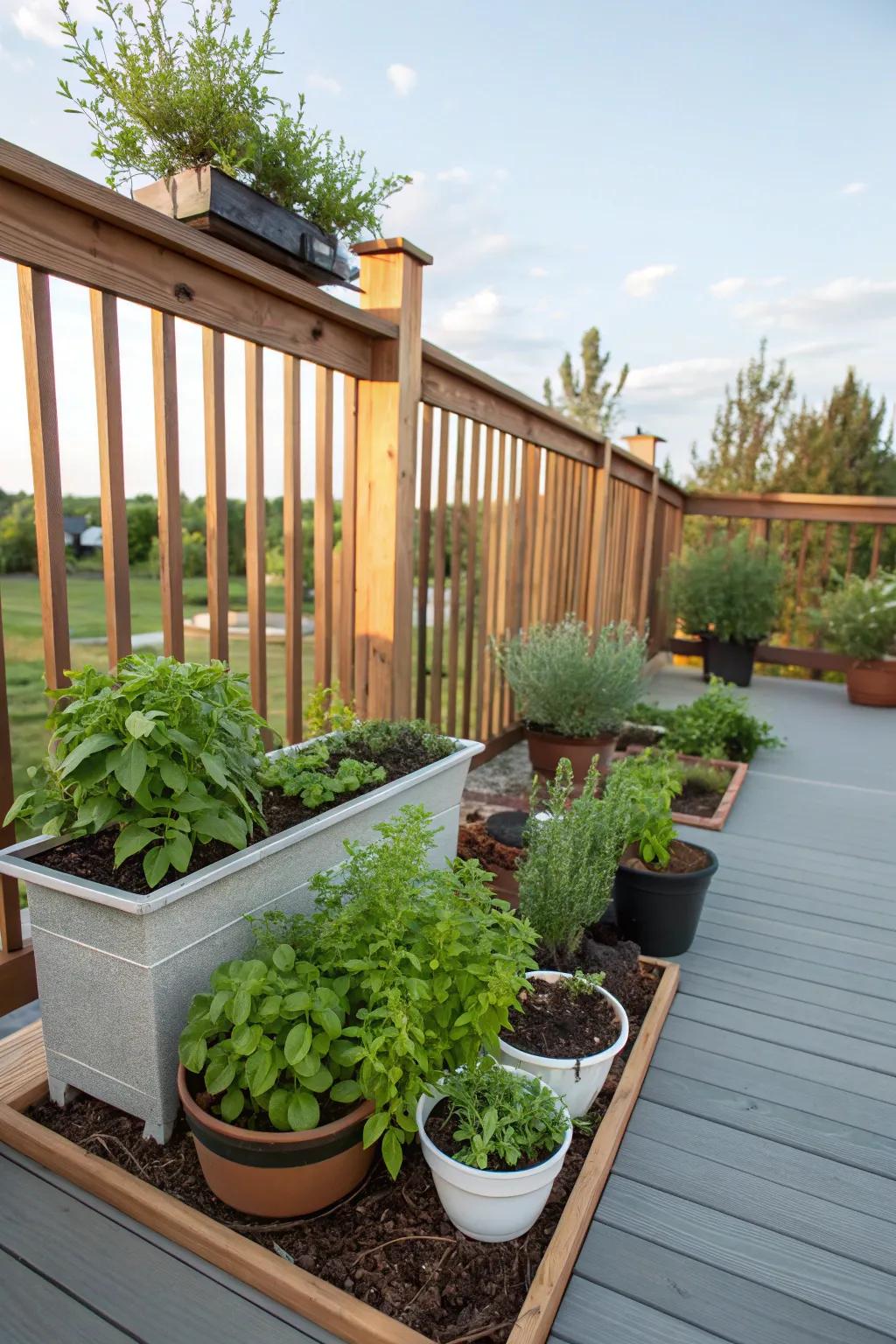 A mini herb garden adds beauty and utility to the deck.