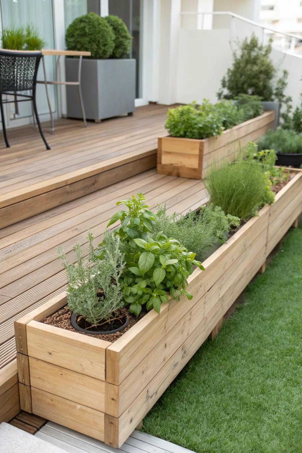 Elevate your outdoor space with a minimalist decked herb garden; where style meets fresh, fragrant functionality.