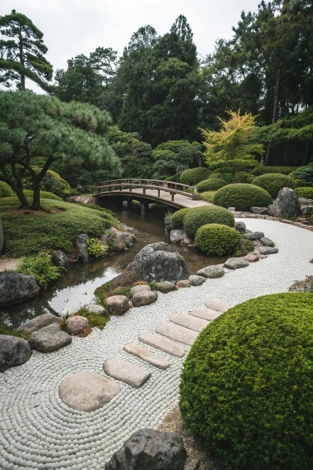 Green fences framing a tranquil Zen outdoor space.