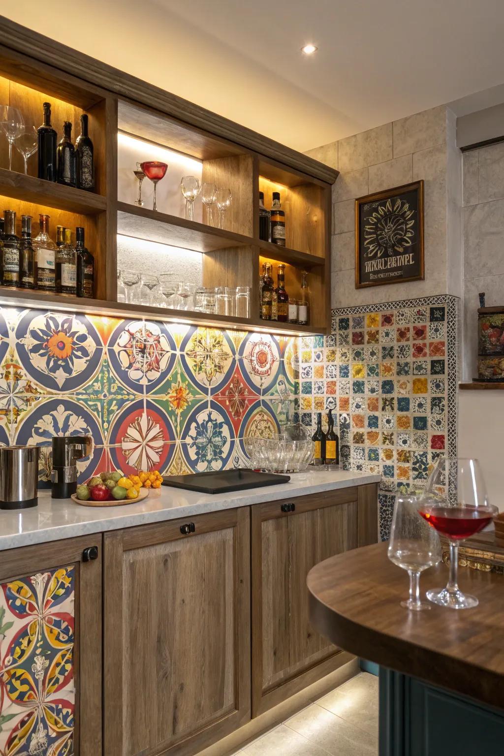 An artistic backsplash gives your home bar a distinctive and individual touch.