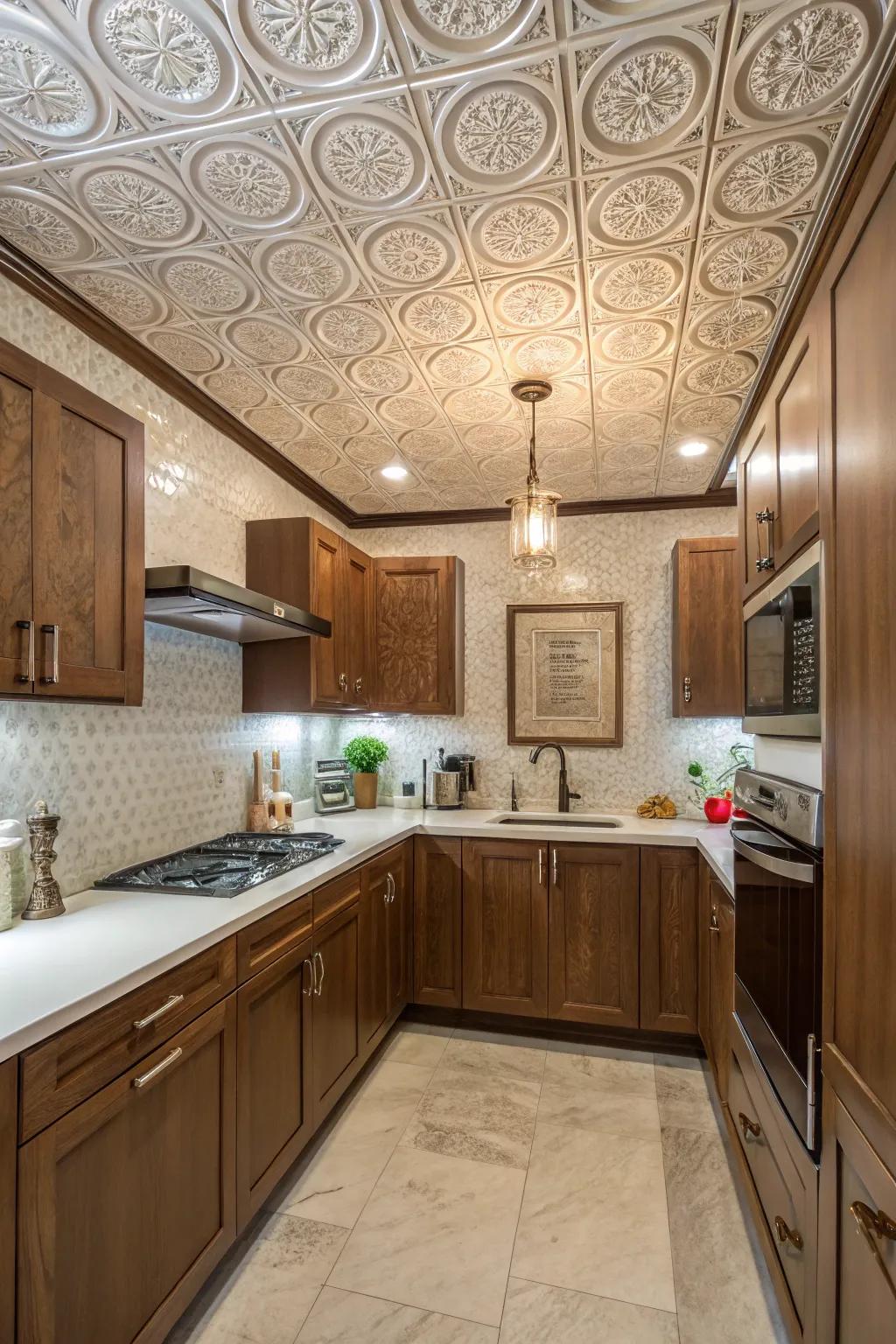 Decorative ceiling tiles enhance small kitchens with texture and style.