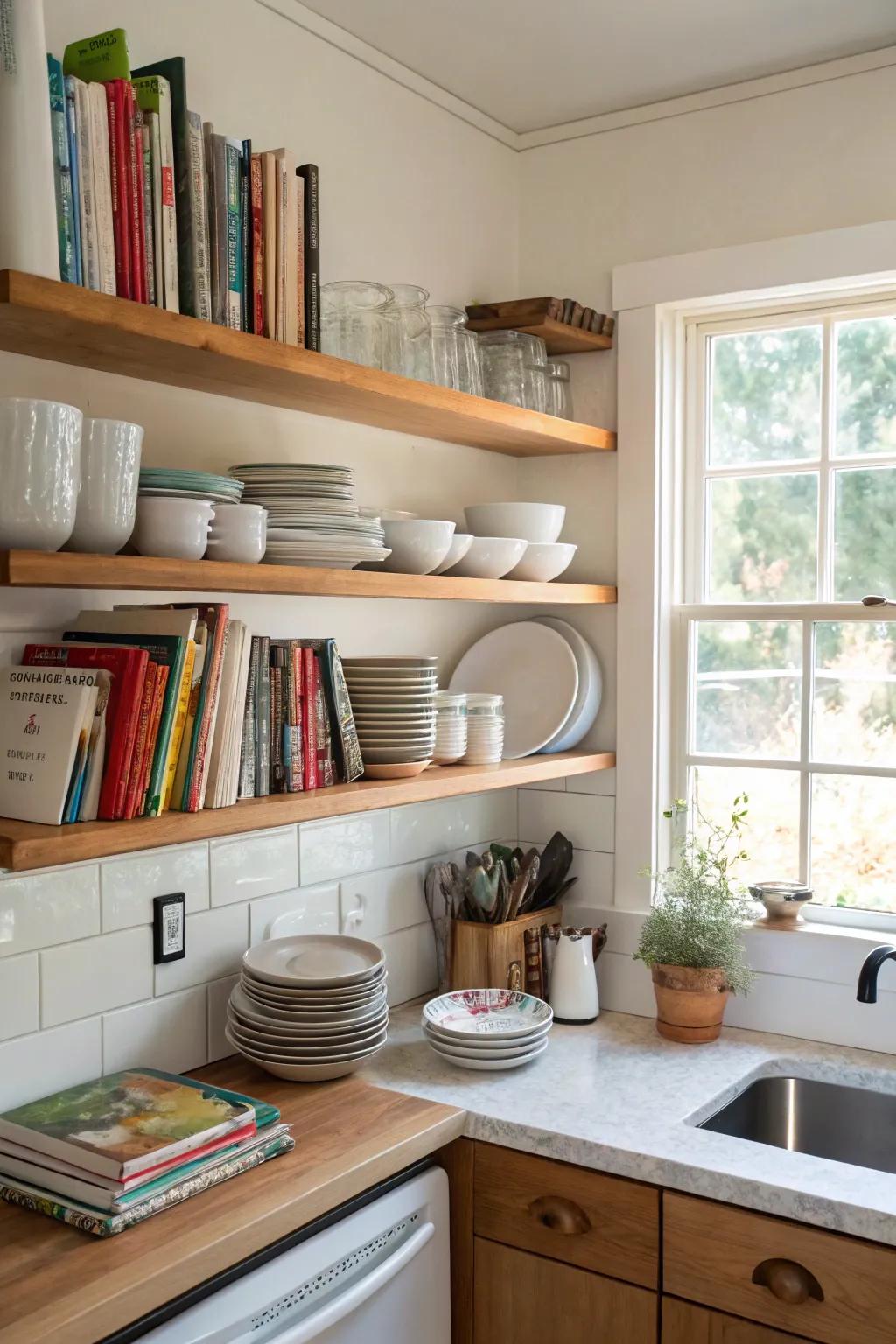 Drifting ledges enhance storing and style to compact cooking areas.