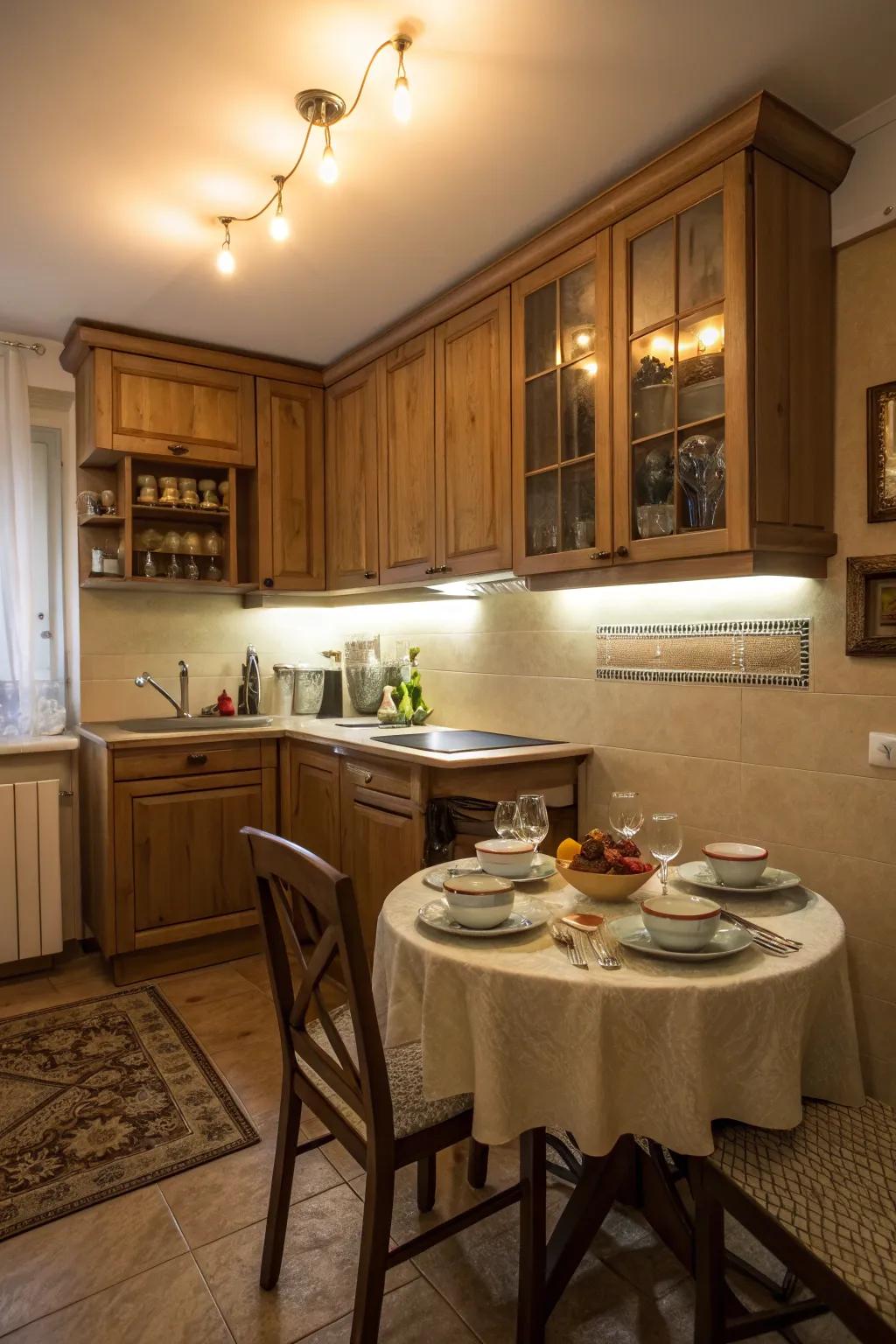 A table with integrated lighting for a modern dining experience.