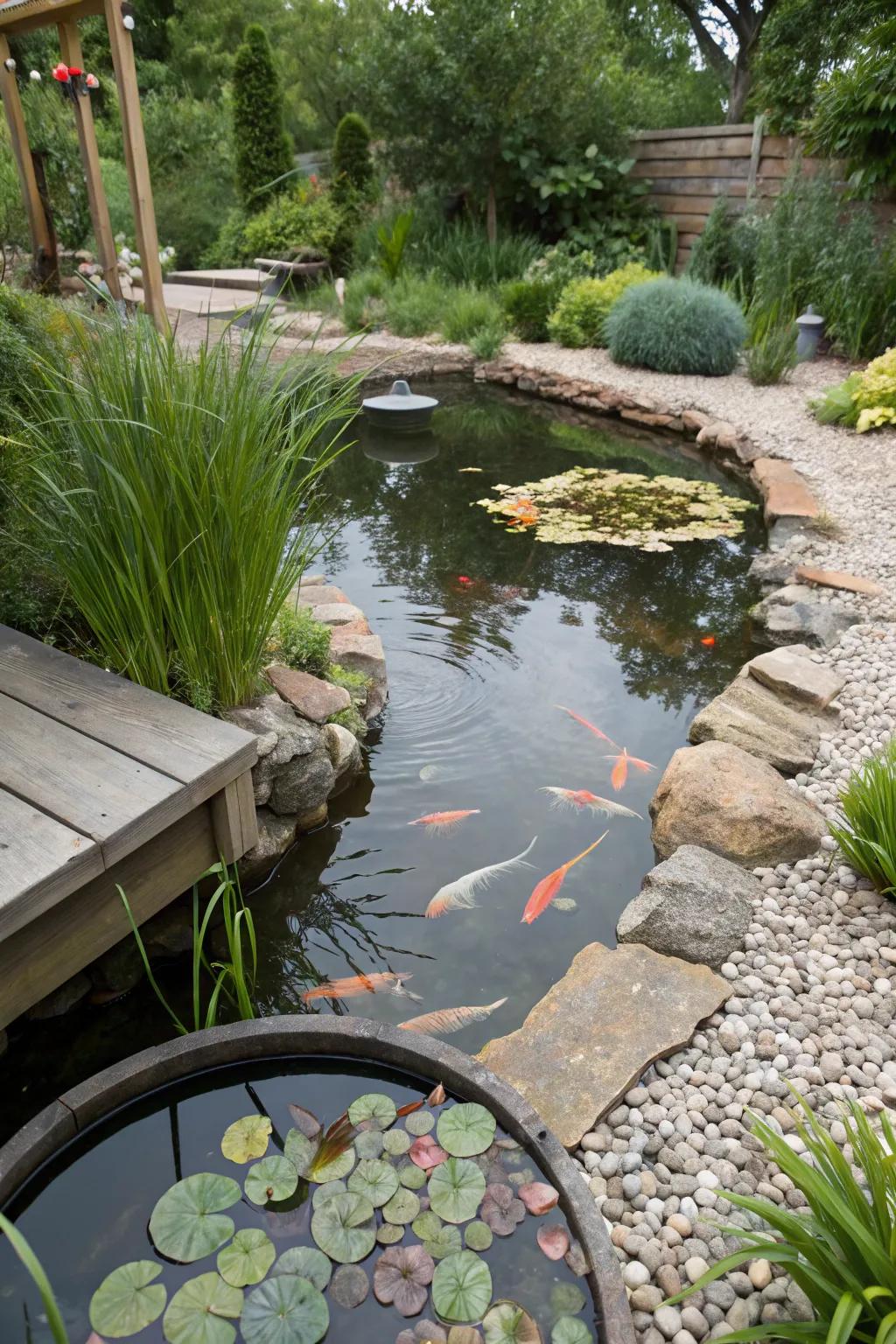 An eco-friendly bog filter keeps this koi pond crystal clear.