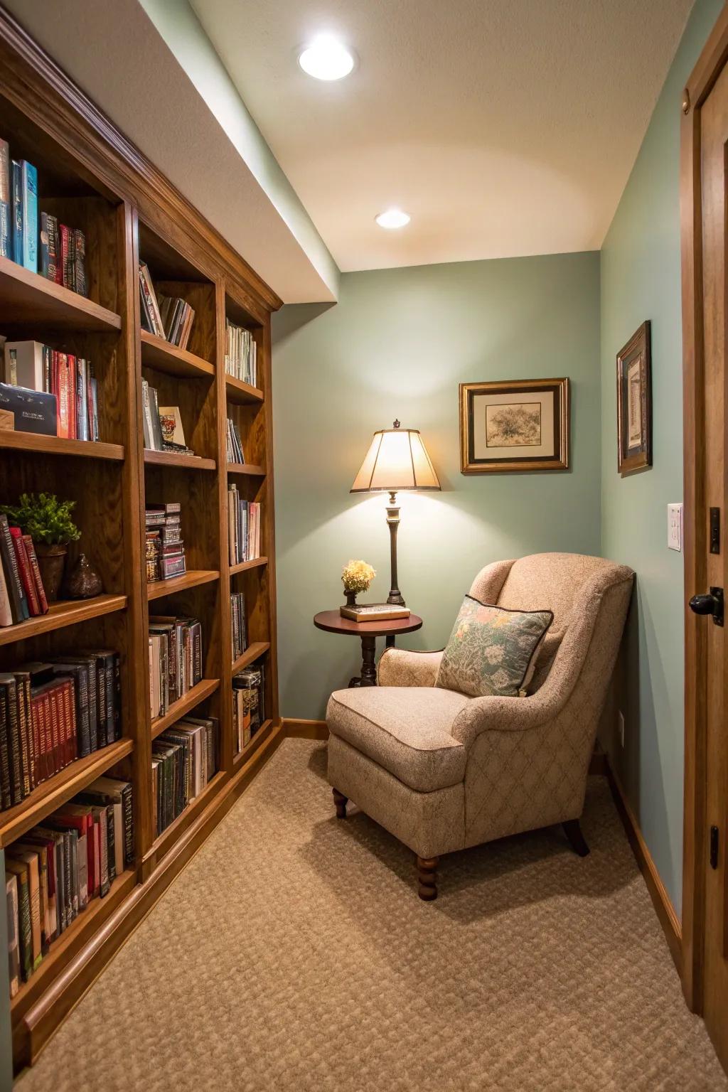 A cozy reading nook makes use of an otherwise neglected space.