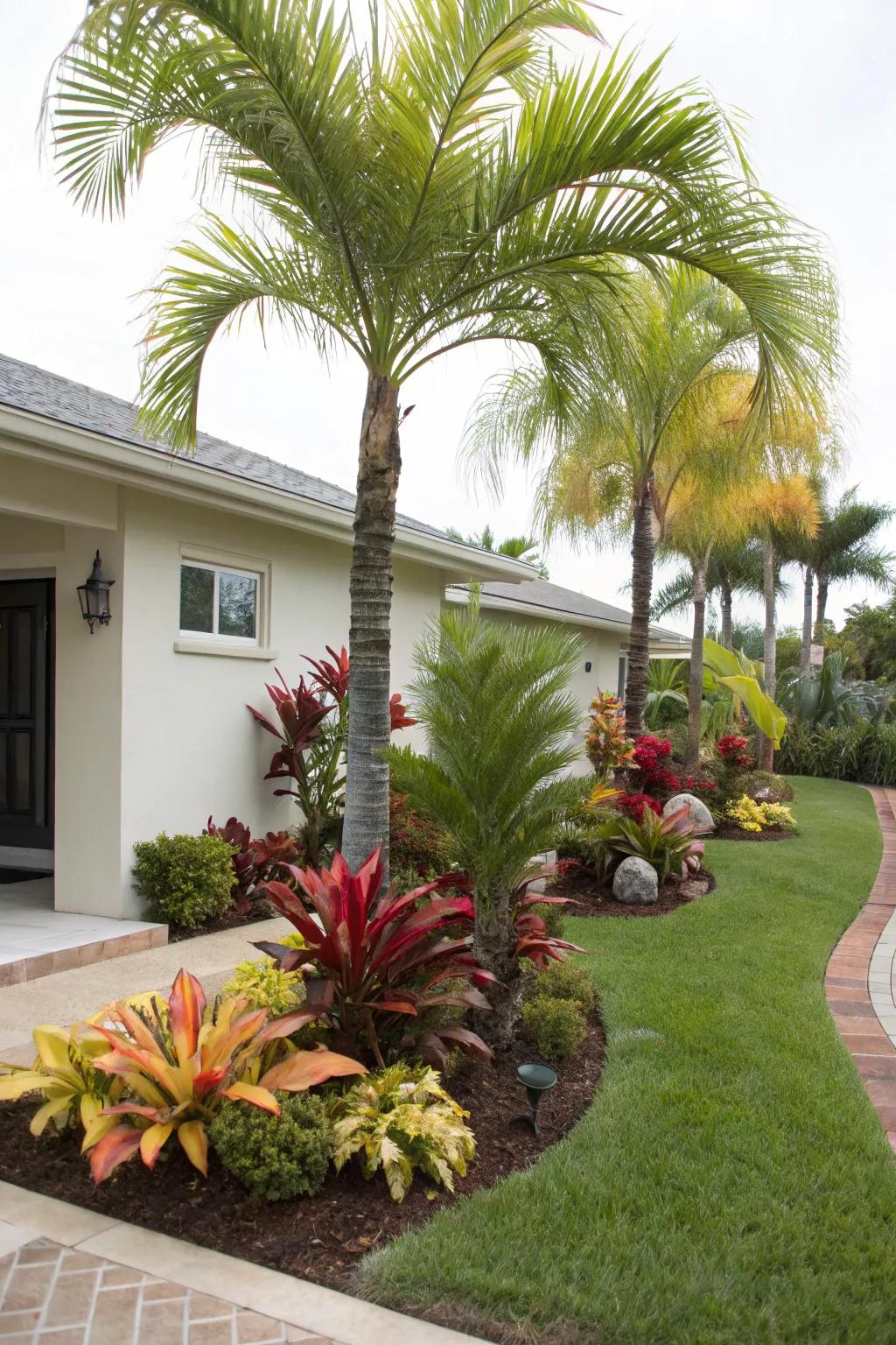 Colorful foliage enhances the visual appeal of palm tree landscapes.