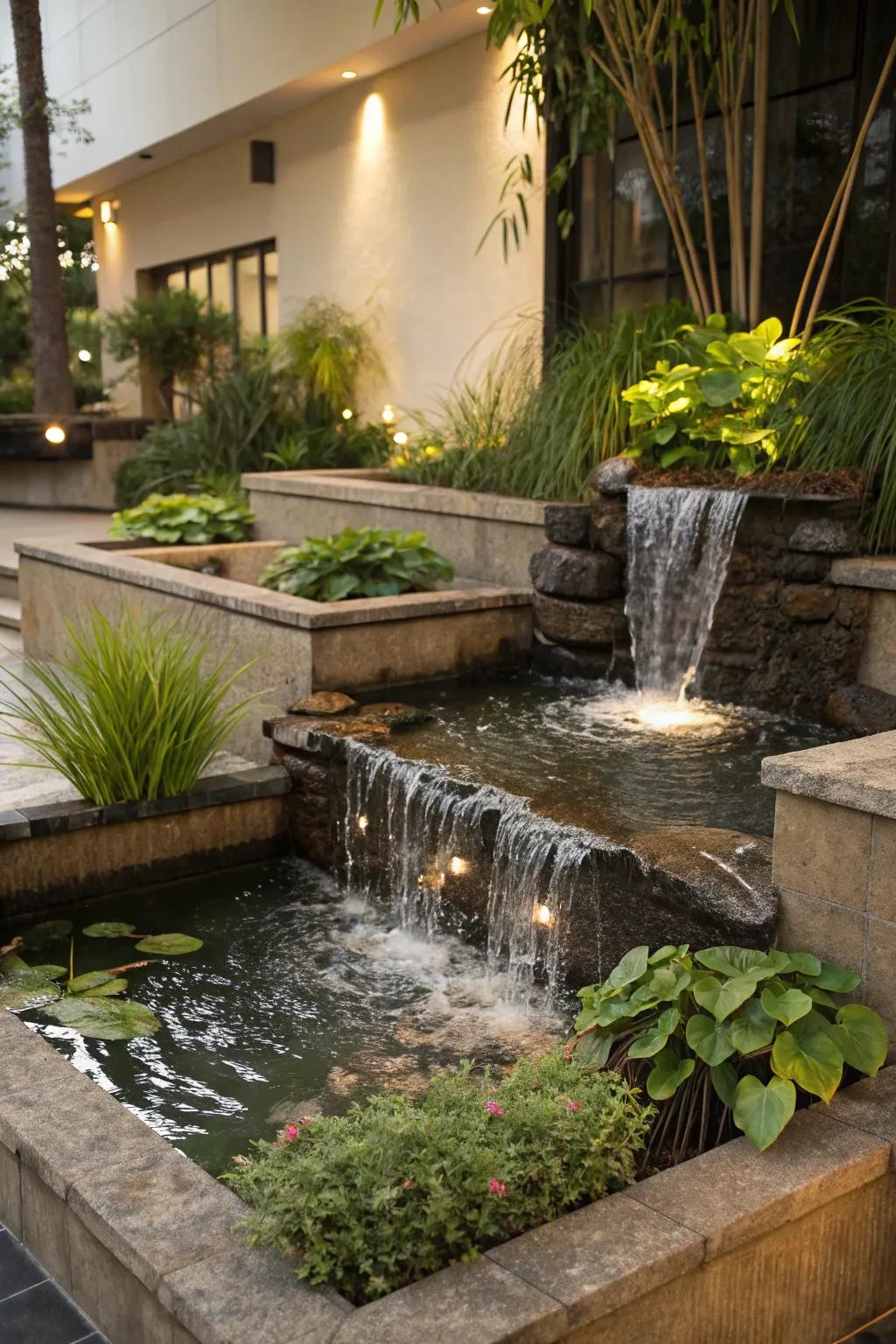 Ponds on several tiers deliver dynamic motion and aesthetic appeal.
