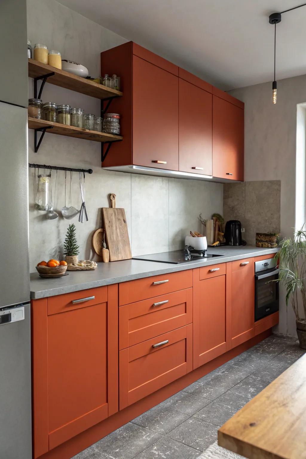 Dynamic orangey rouge and dove gray crafting a cheerful culinary atmosphere.