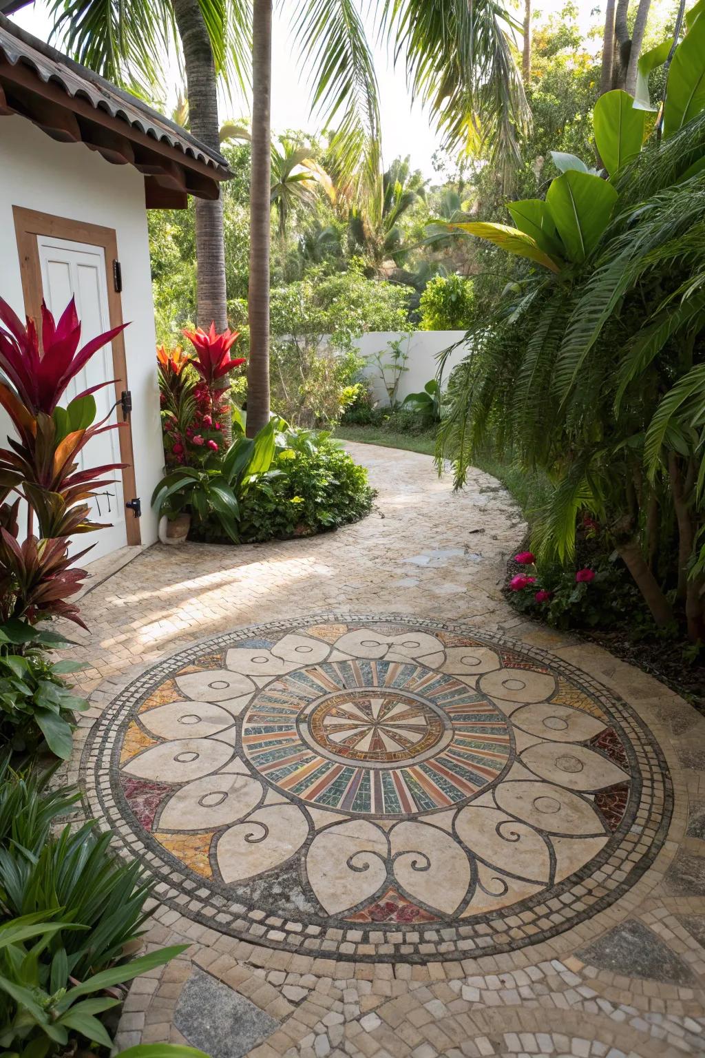 A small stone artwork injects artistic panache into the garden's floor.