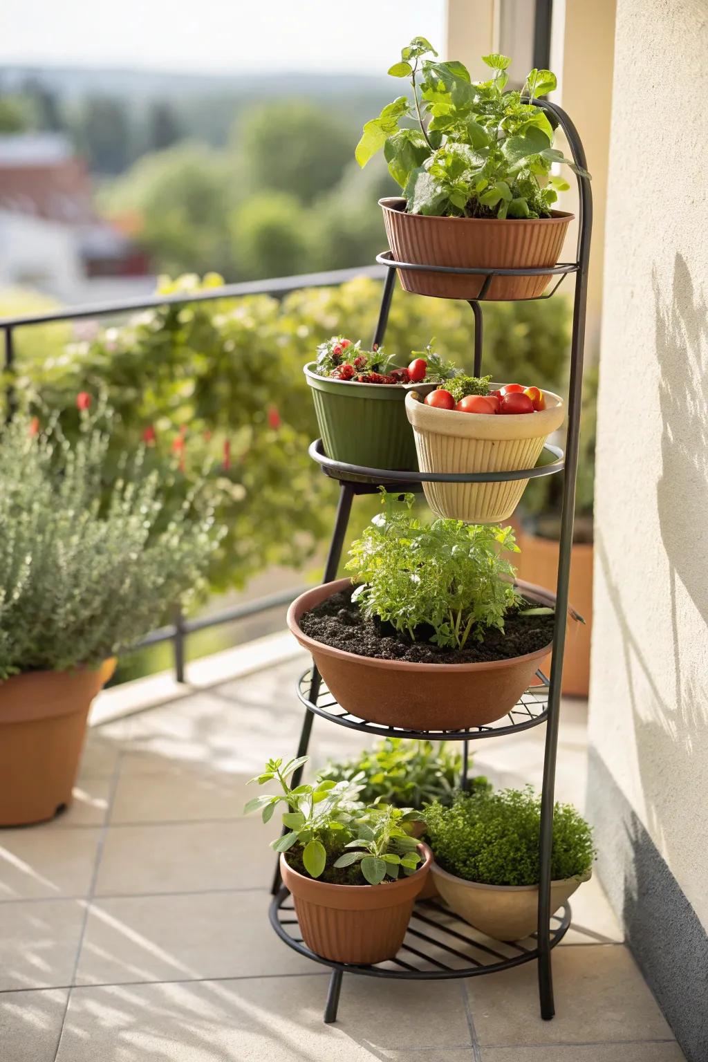Tiered plant racks maximize skyward area efficiently.