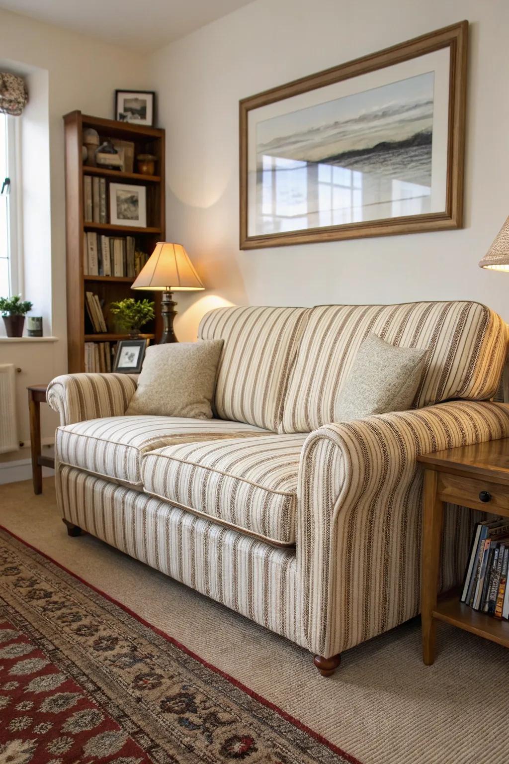 Vertical stripes on a sofa create the illusion of height.