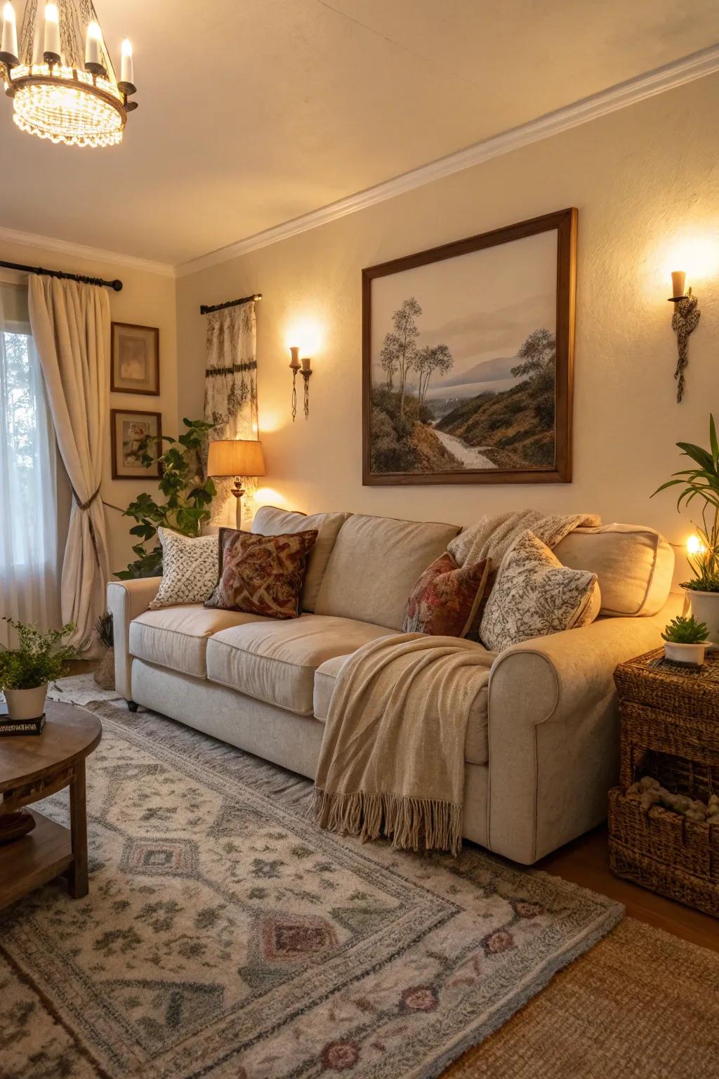 An enlarged plush sofa provides unparalleled comfort and relaxation.