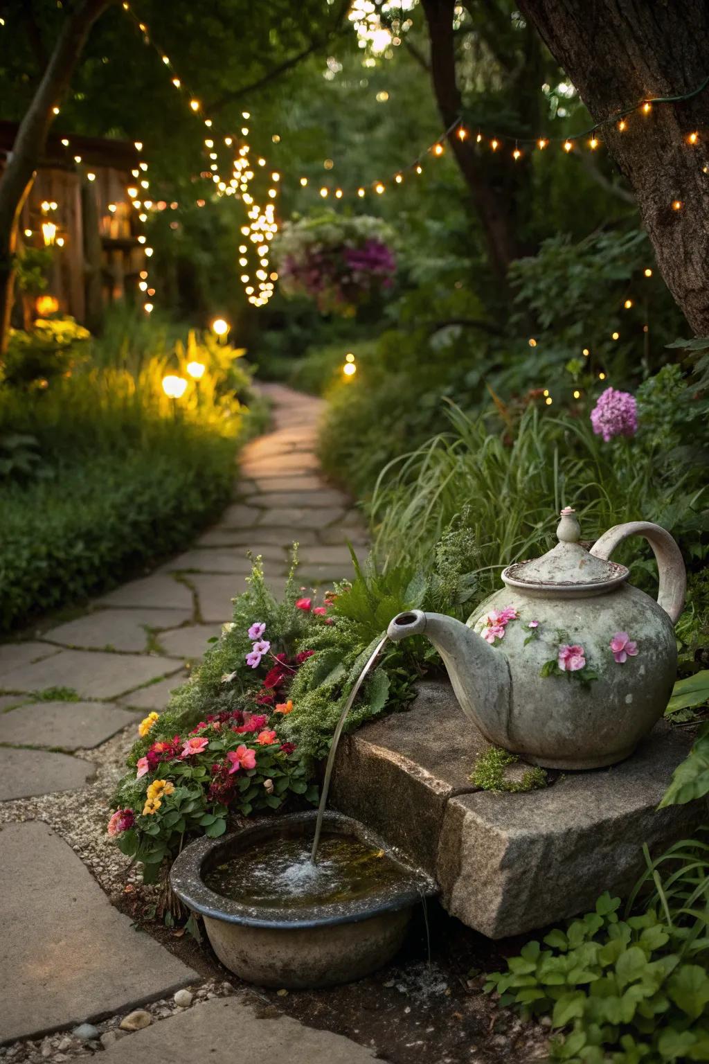 A whimsical solar fountain crafted from a vintage teapot.
