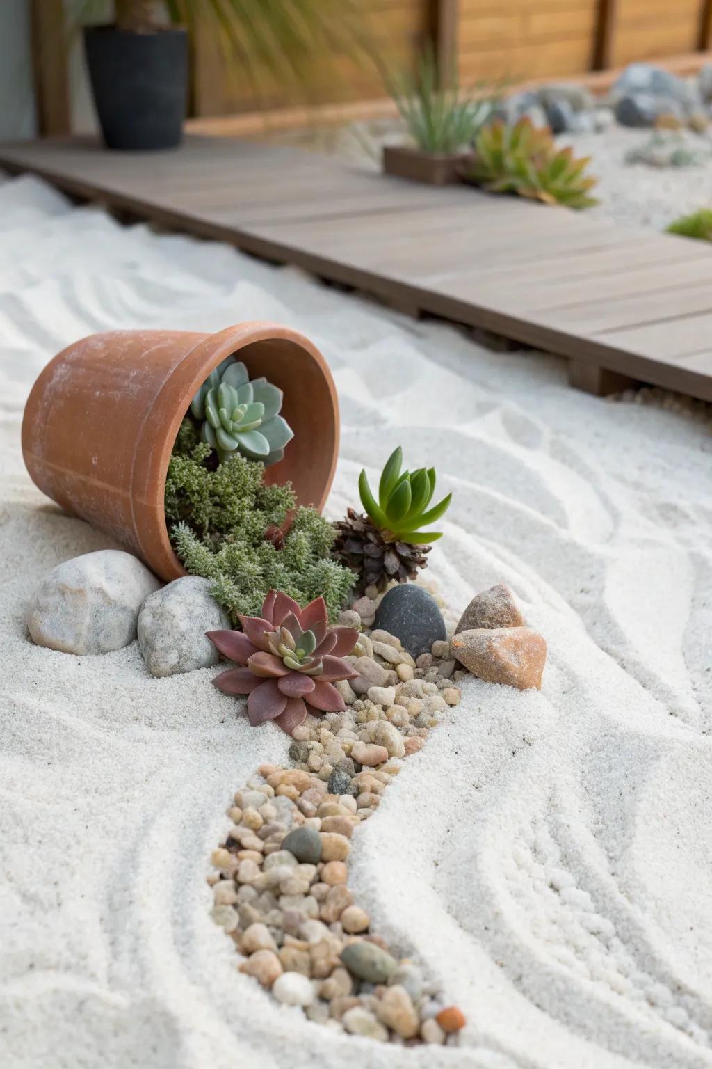 Transform your garden into a minimalist oasis with this stunning spilled rock garden design.