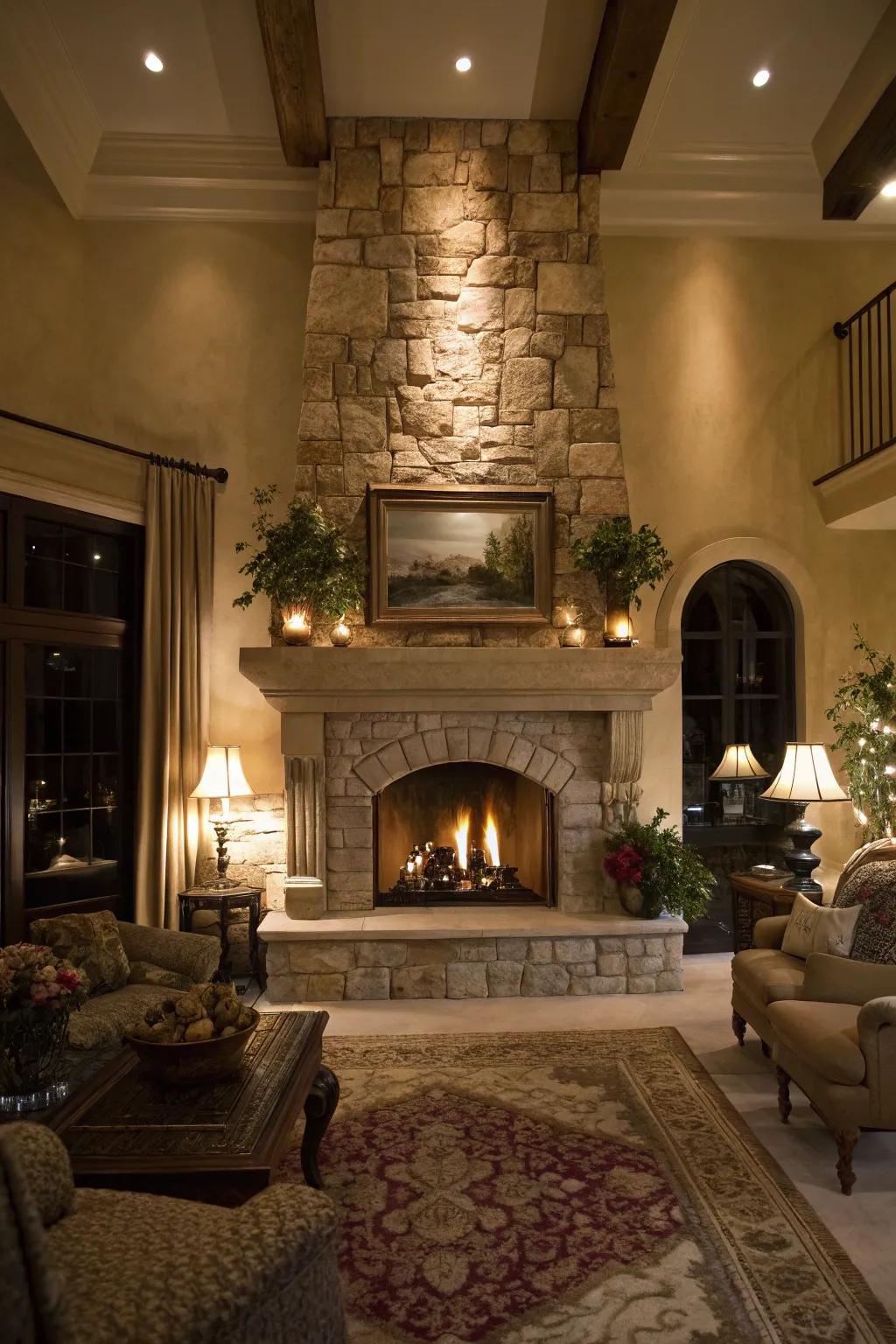 A dramatic space featuring a stone fireplace and unique lighting elements on the mantel.