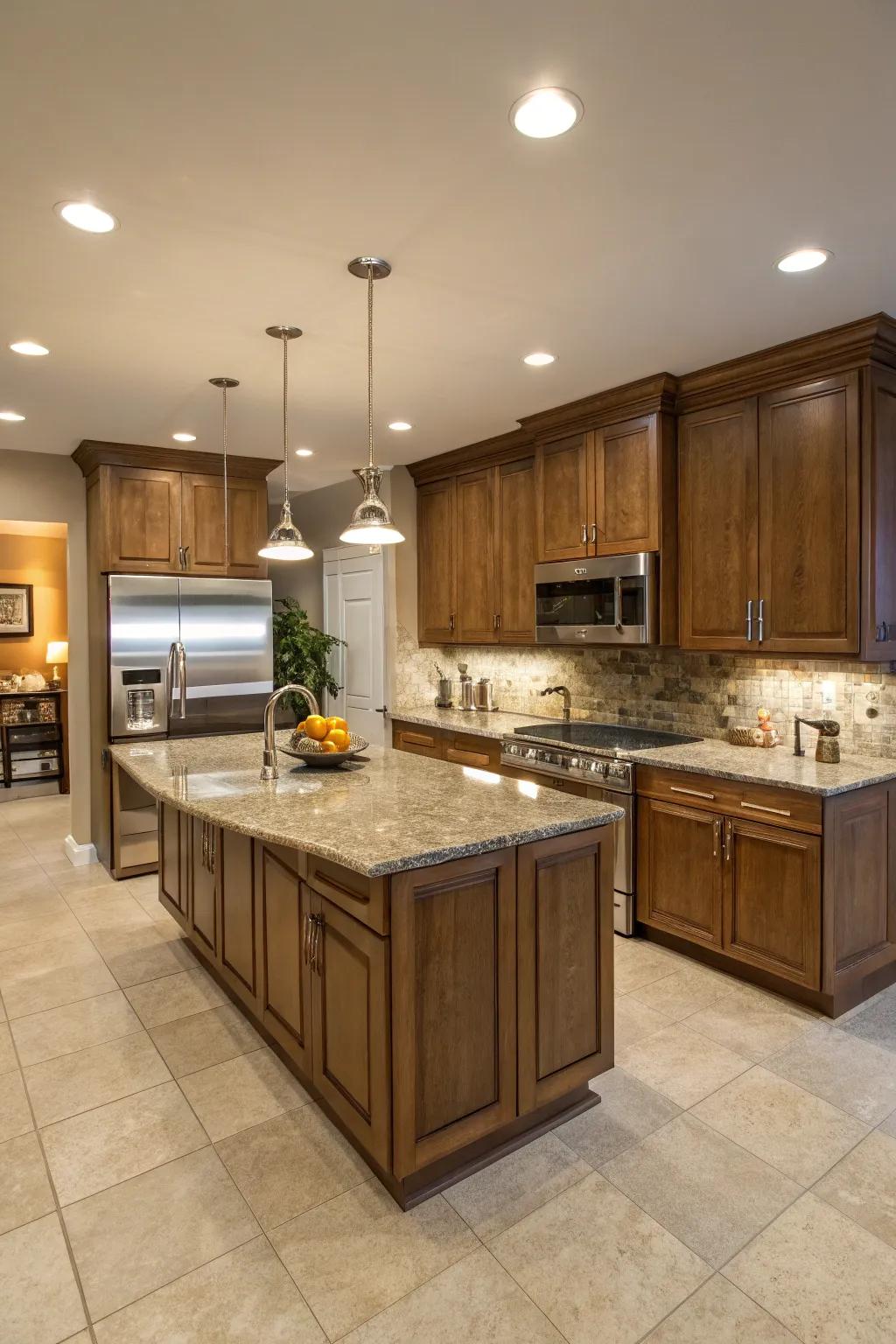 An L-shaped stone kitchen island that maximizes space and functionality.