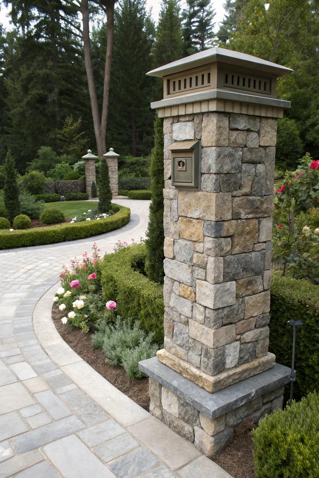 A textured stone mailbox pillar showcasing diverse stone finishes.