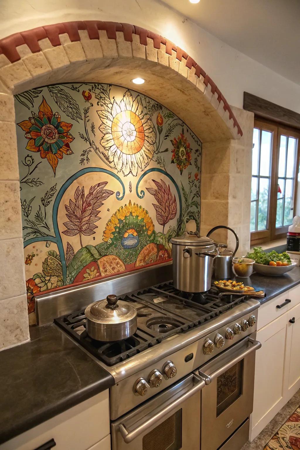 An artistic stove alcove with a unique mural, reflecting personal creativity and style.