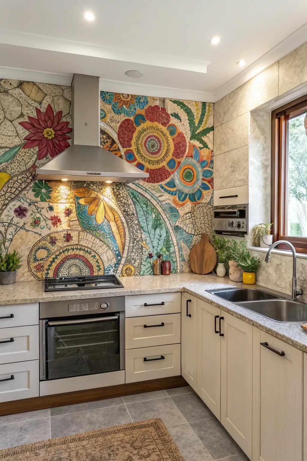 Eclectic mosaic art creates a vibrant focal point in your kitchen.