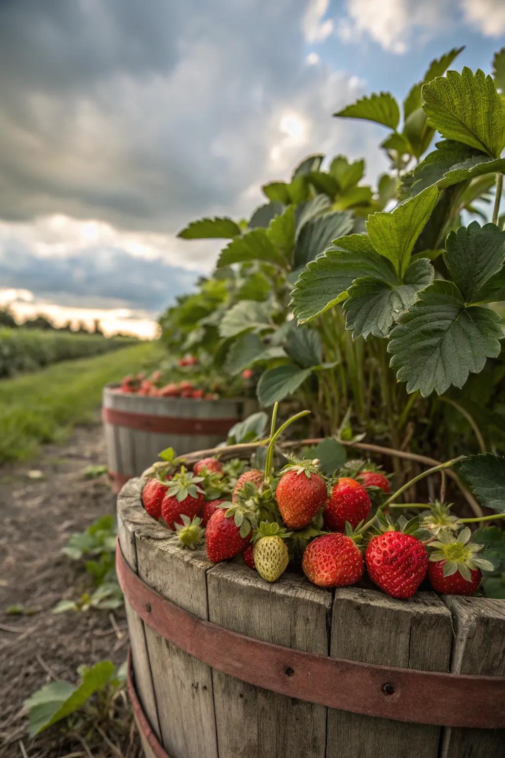 A rustic barrel filled with strawberry plants.