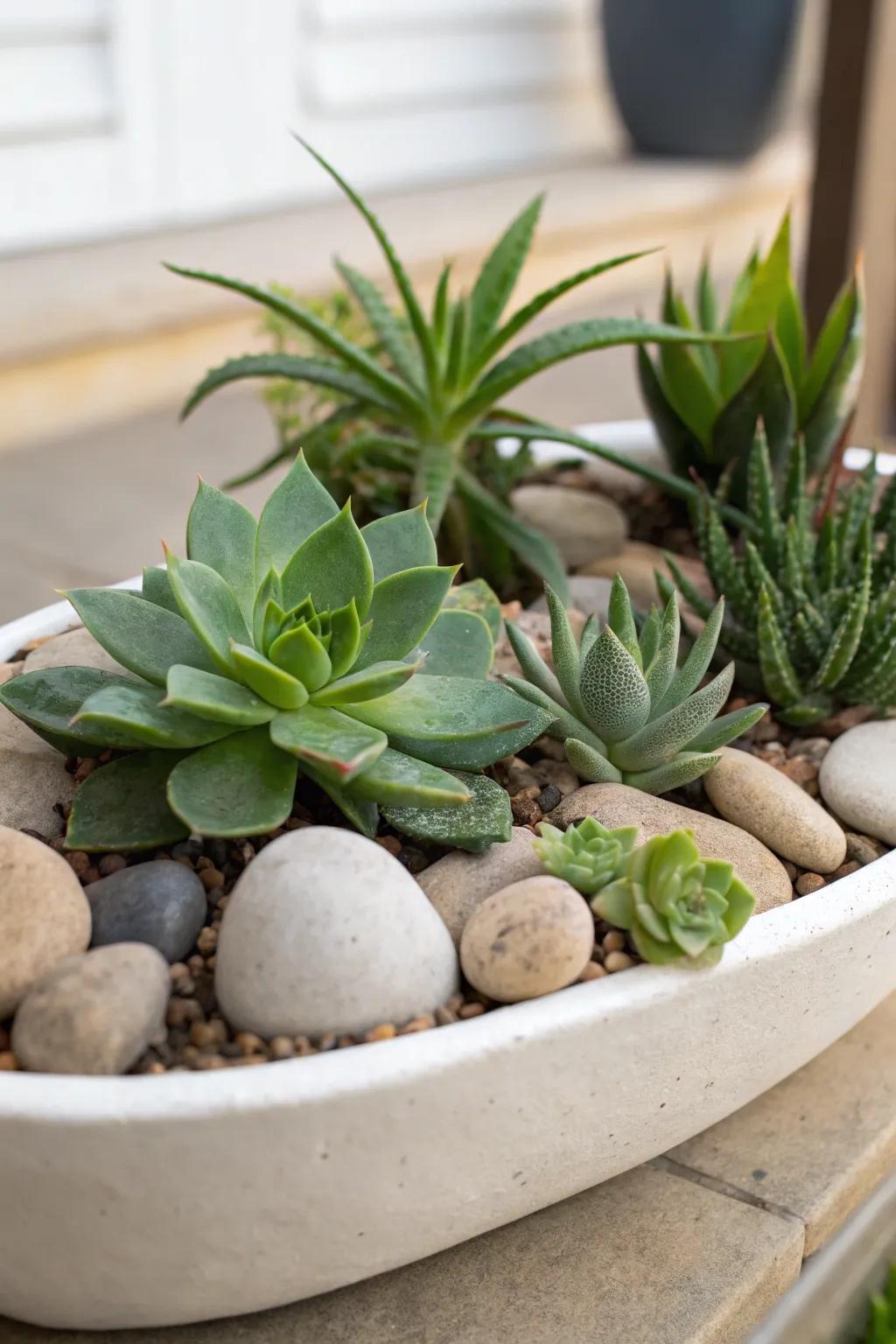 Elegance meets nature: succulents with natural stones.