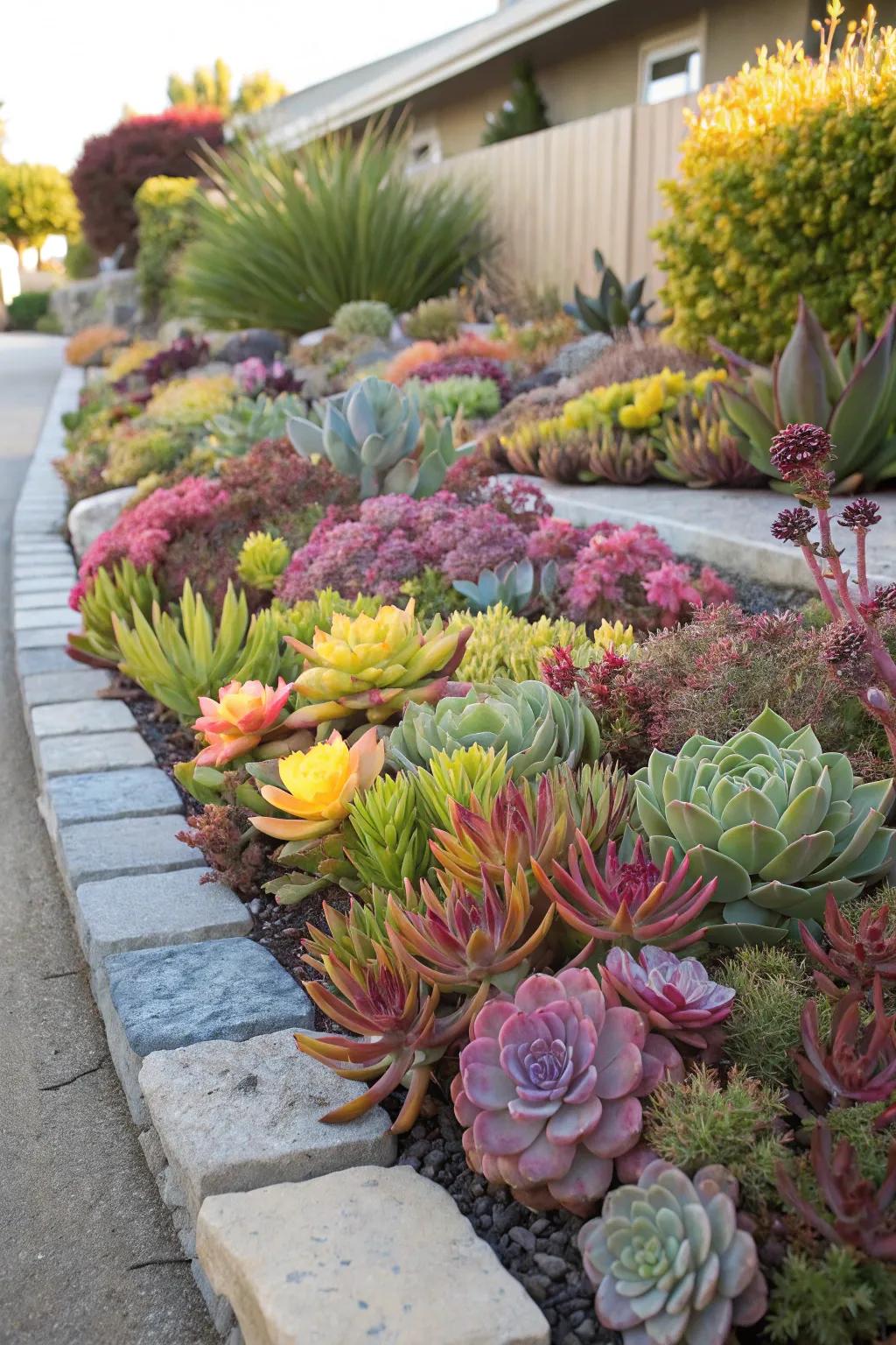 A garden alive with vibrant and contrasting succulent colors.