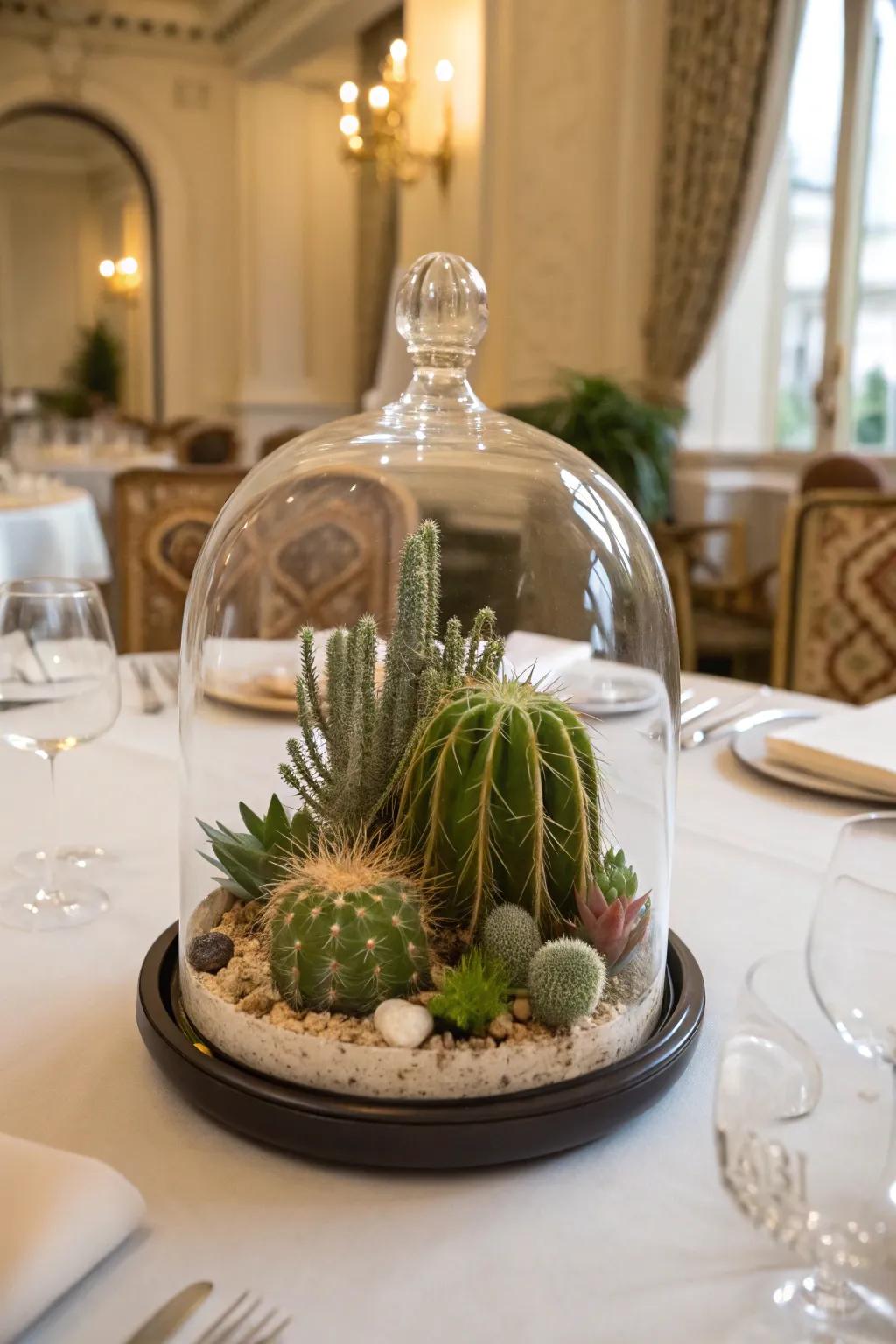 A sophisticated cactus terrarium in a glass cloche.