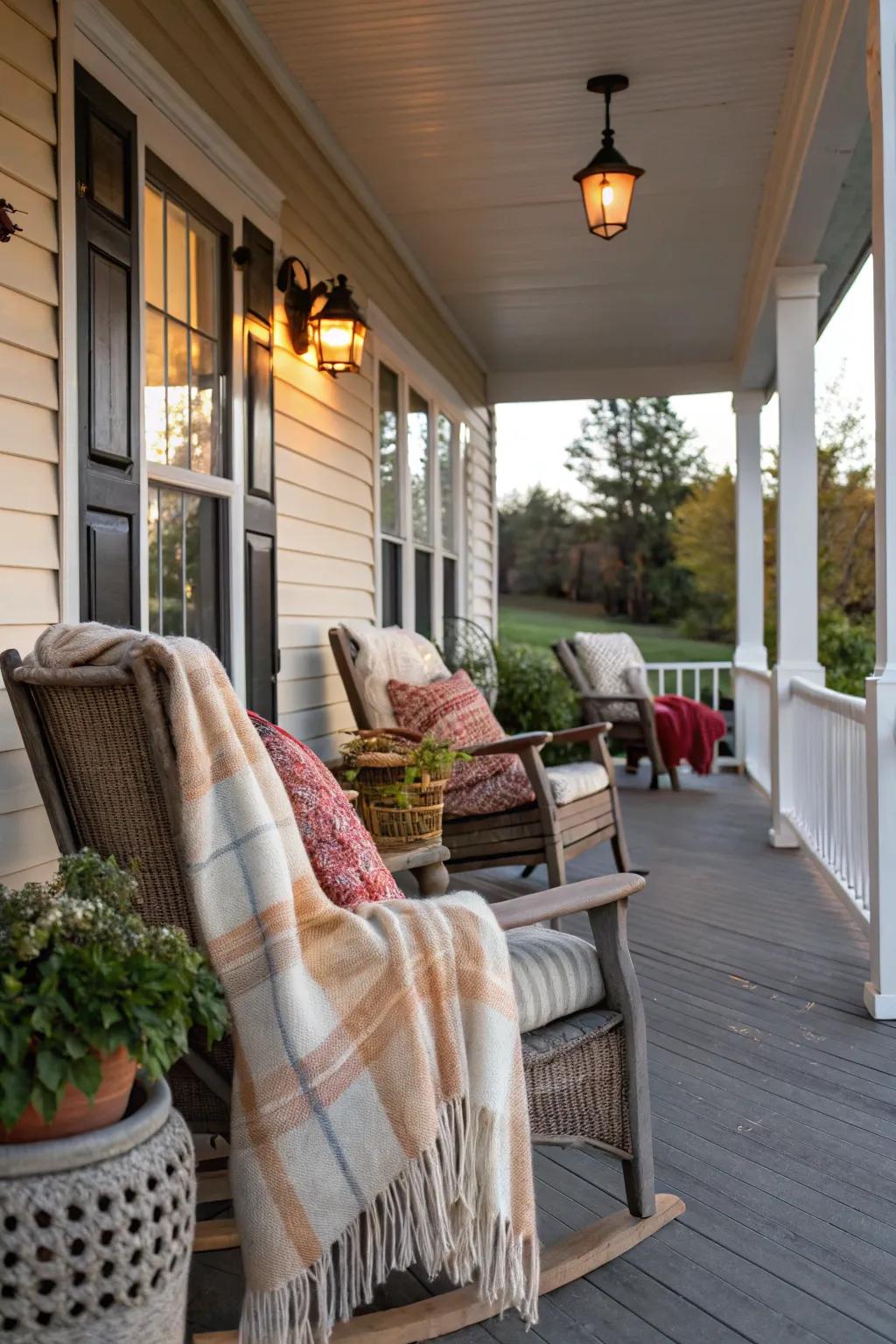 Protective wraps contribute warmth and comfort to the porch seating.