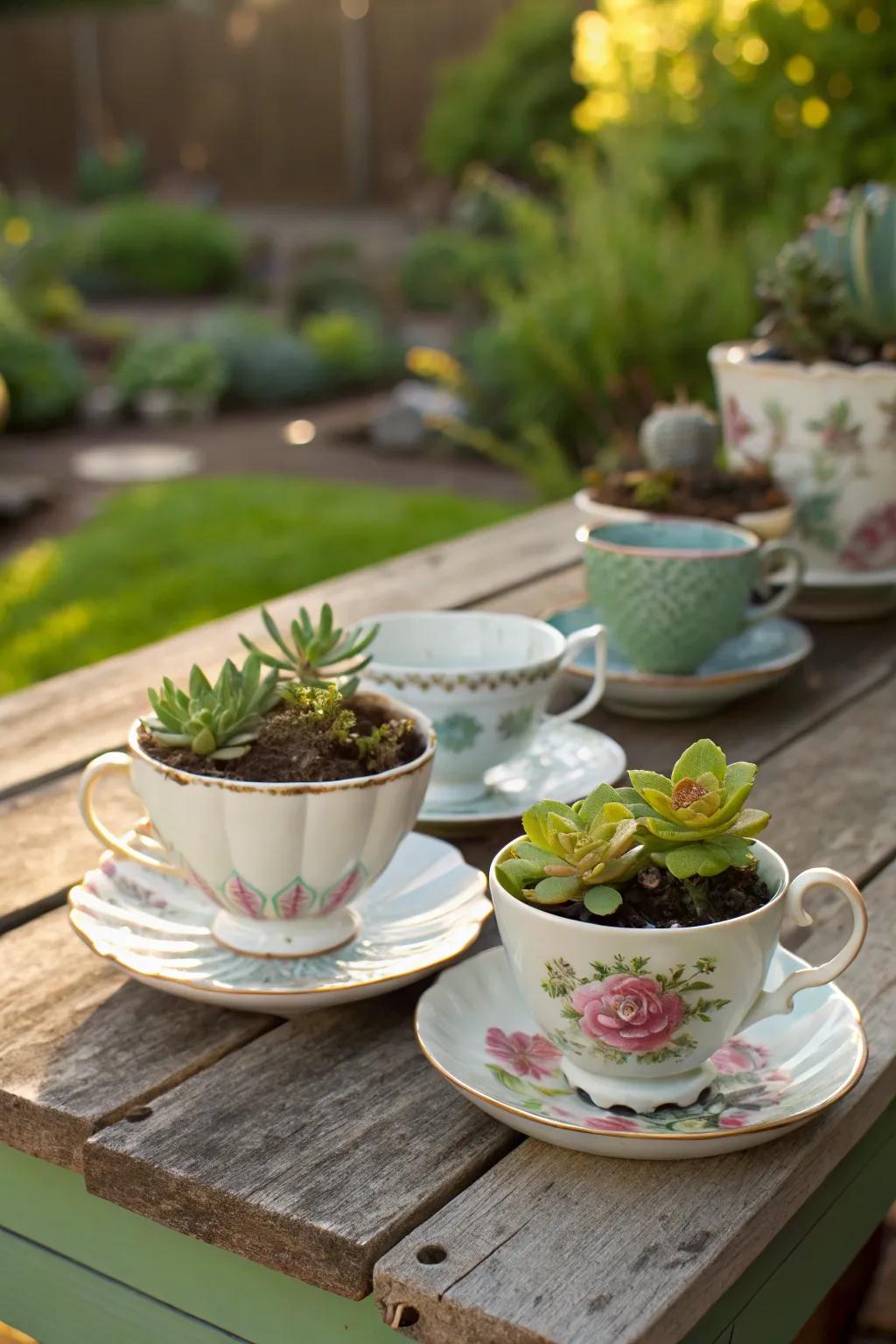 Heritage teacups serving as miniature containers