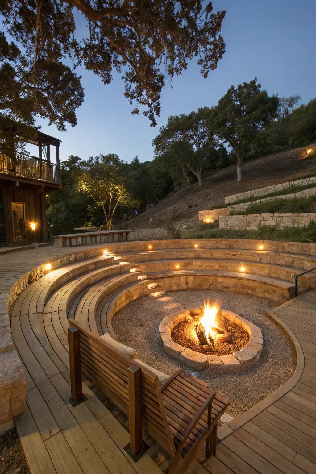 A native amphitheater surrounds this below-ground fire pit.