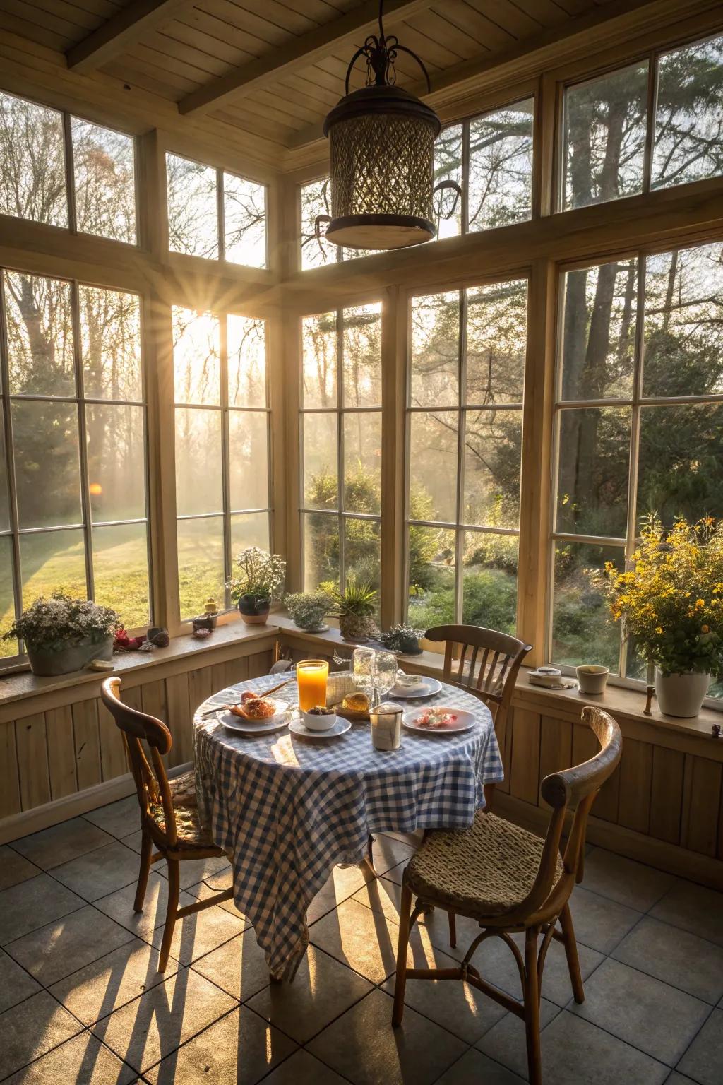 A cozy breakfast nook situated in a sunroom.
