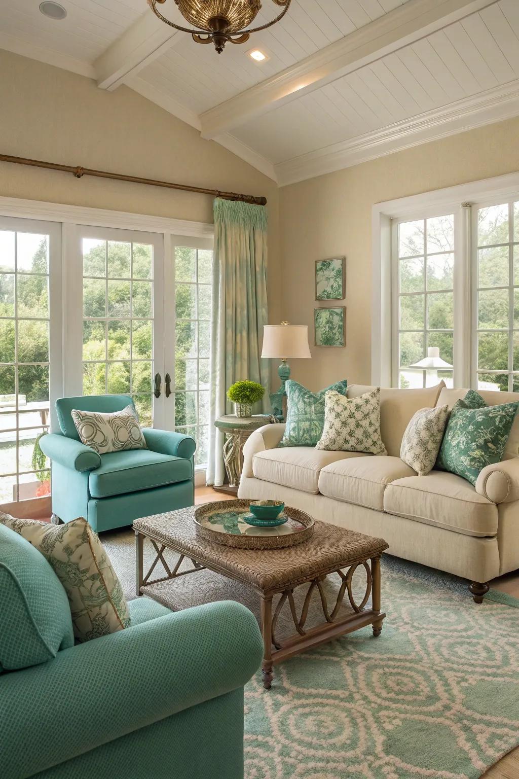 Teal and beige create a soothing, sanctuary-like space.
