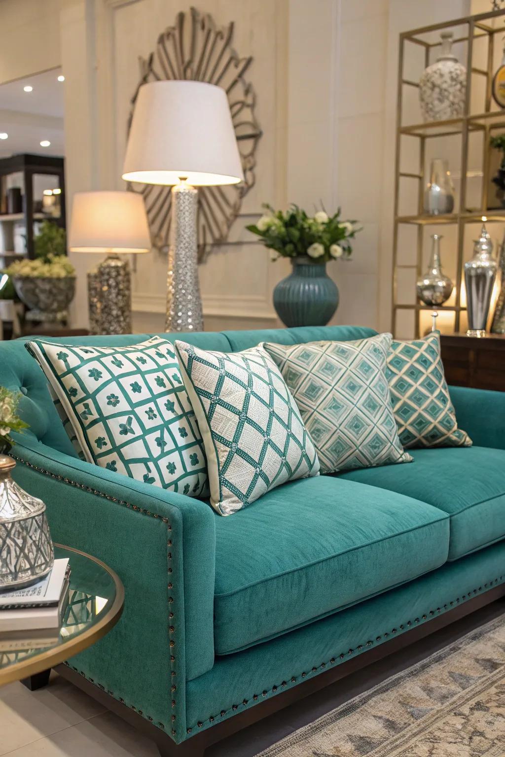Geometric designs add a modern touch to a teal sofa.