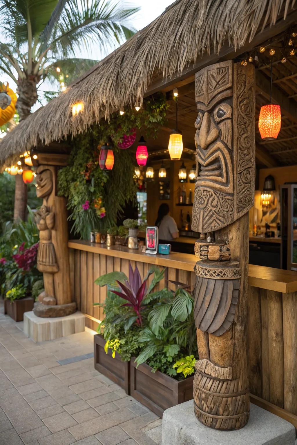 Custom carvings give your tiki bar a unique and artistic flair.