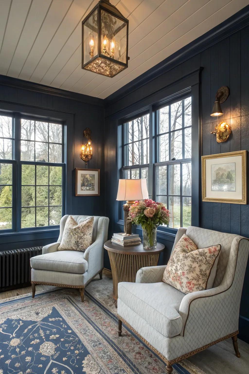 Navy walls enveloping the sunroom in timeless comfort and elegance.