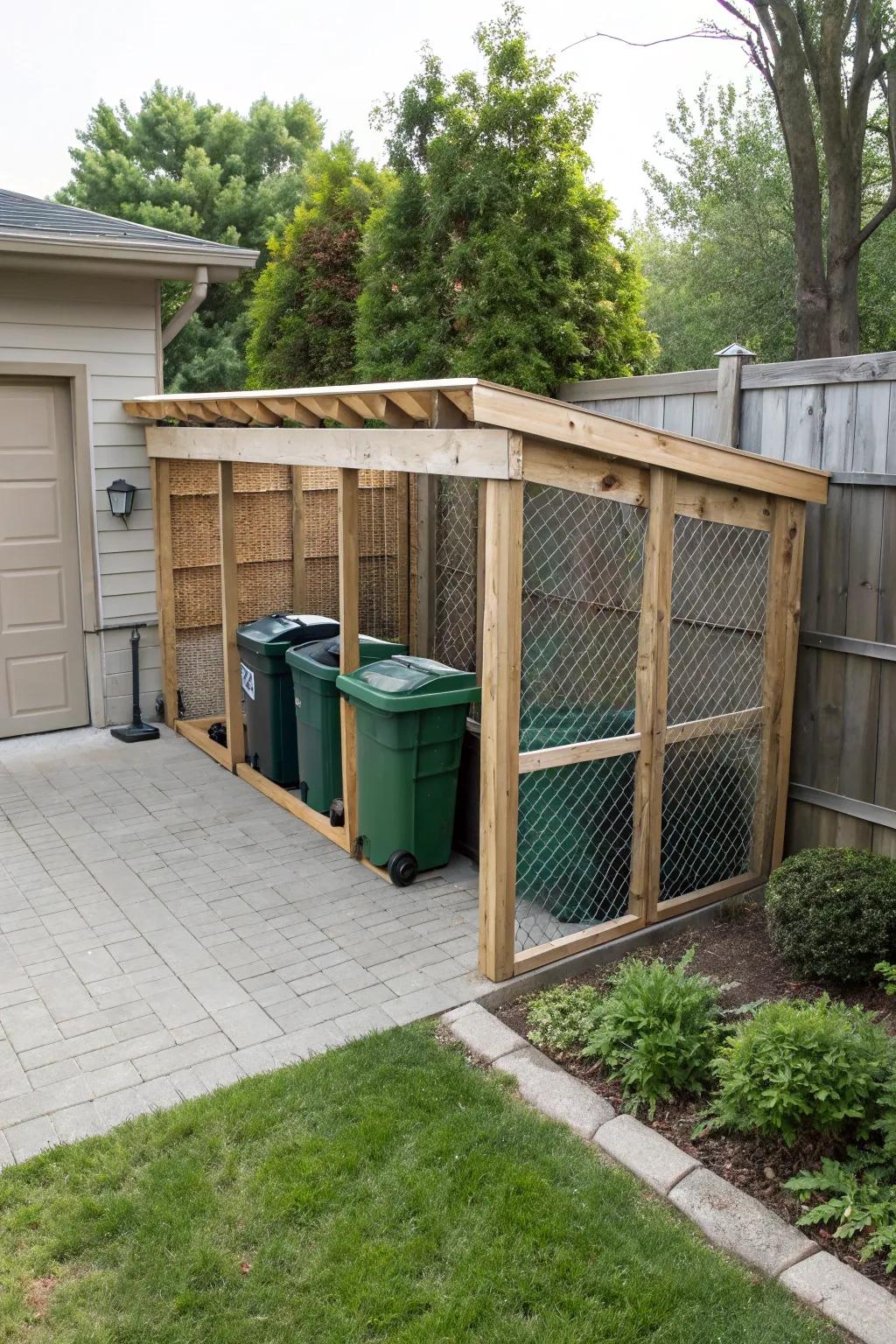 A backyard featuring a ventilated lean-to for discreet trash bin storage.