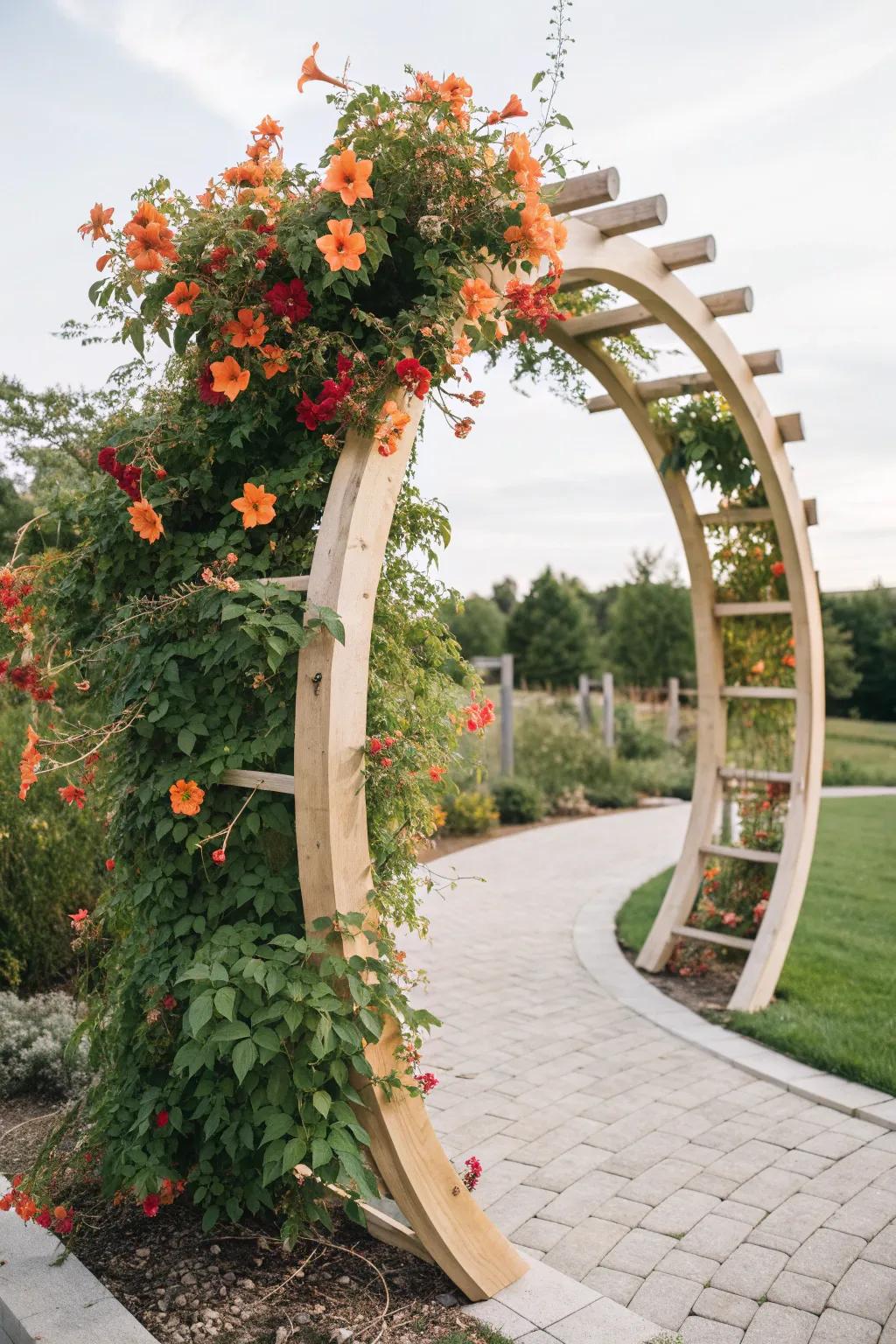 Embrace simplicity and elegance with a circular trellis for your garden's trumpet vine showcase.