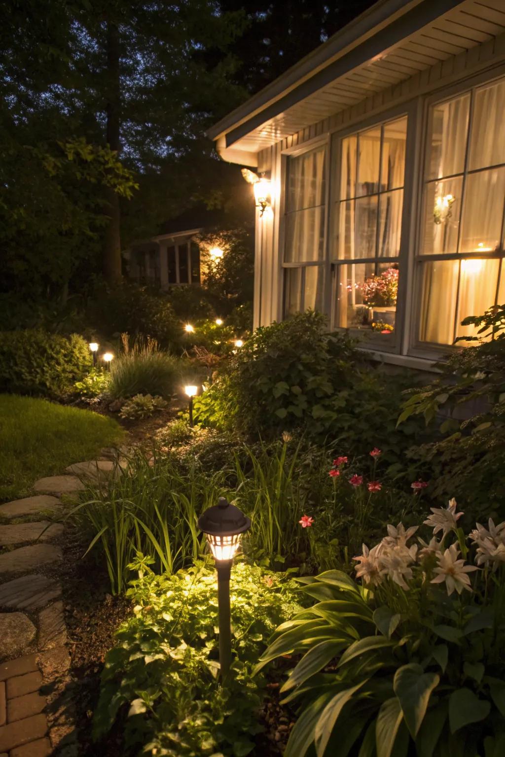 Solar lights add a magical glow to your garden after dark.