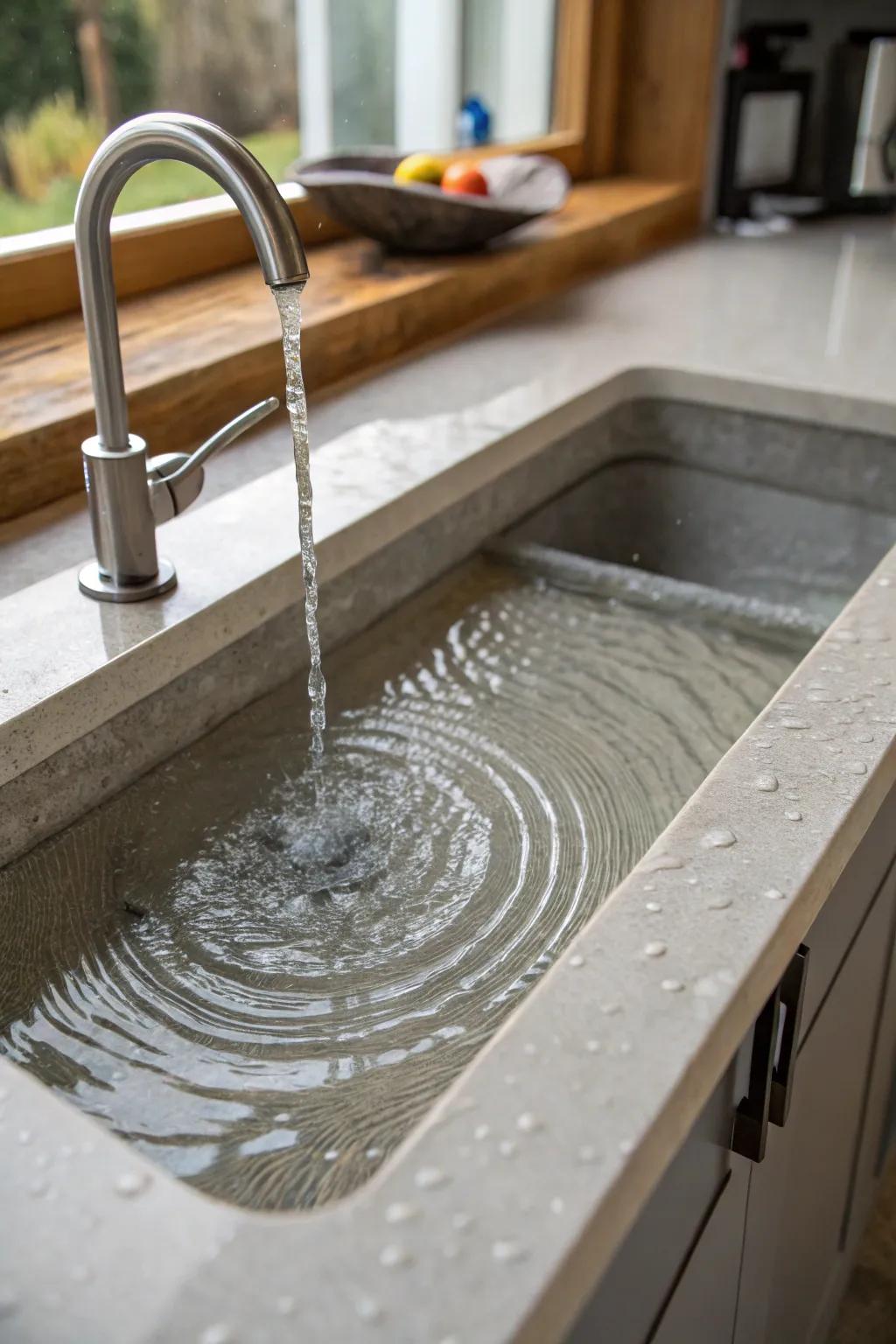 Precision channel grooves in an undermount sink, promoting efficient water drainage.