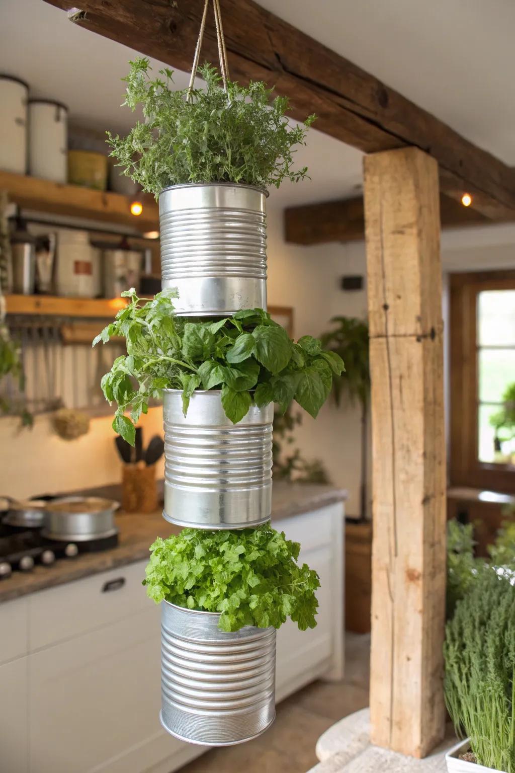 Tin cans create vertical tiered planters for herbs and flowers.